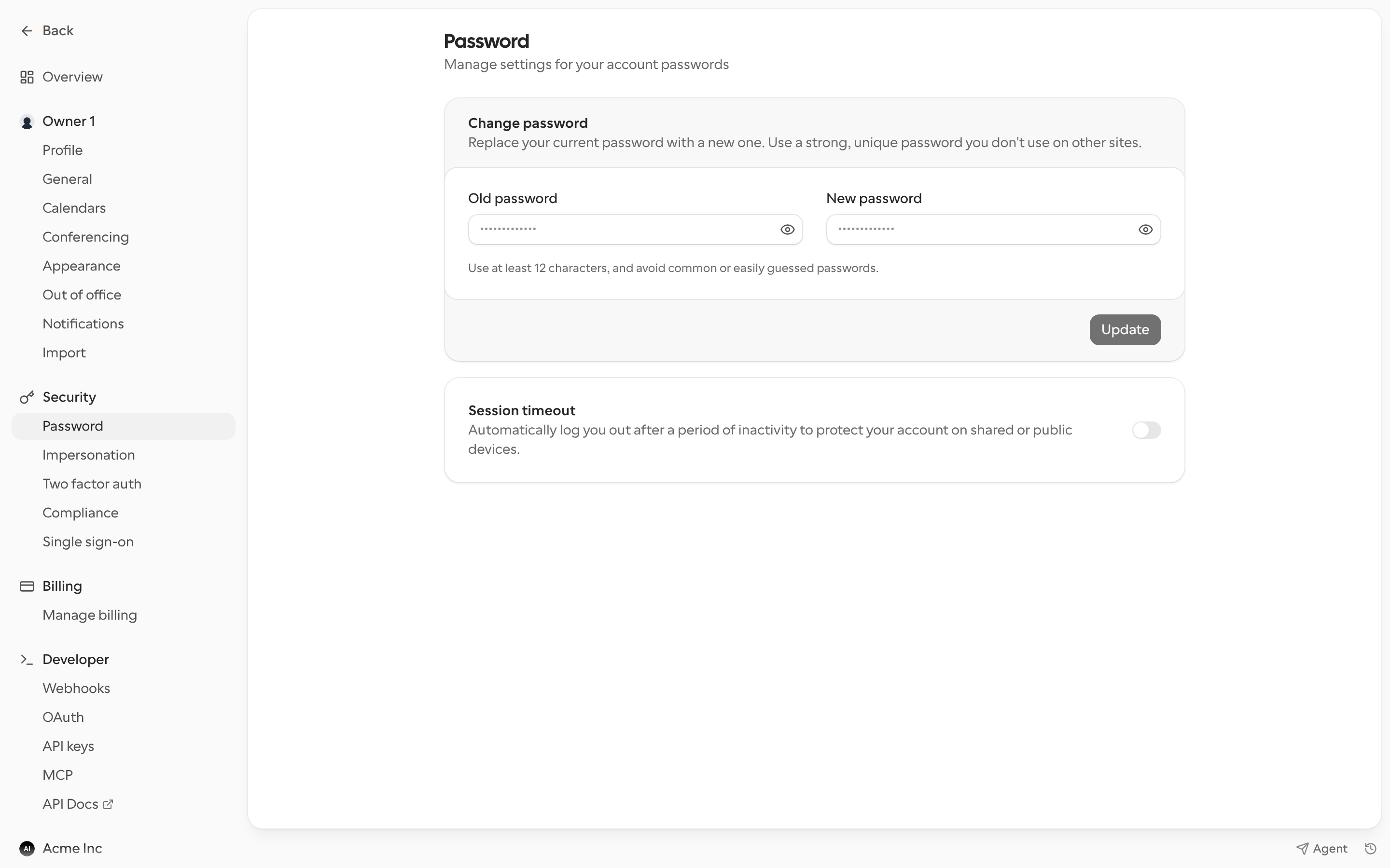 Password settings with Change password and Session timeout