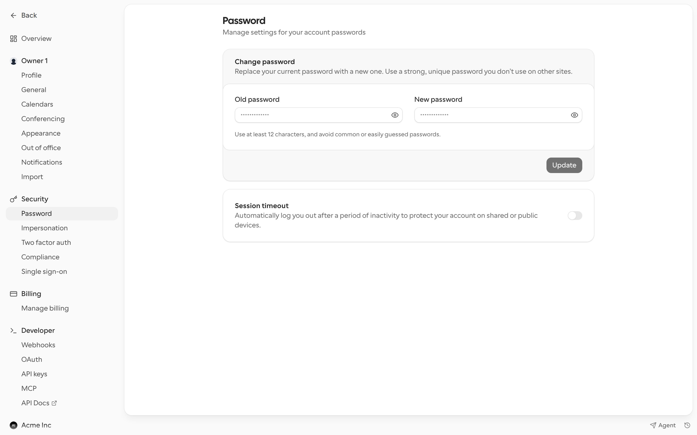 Password settings with Change password and Session timeout