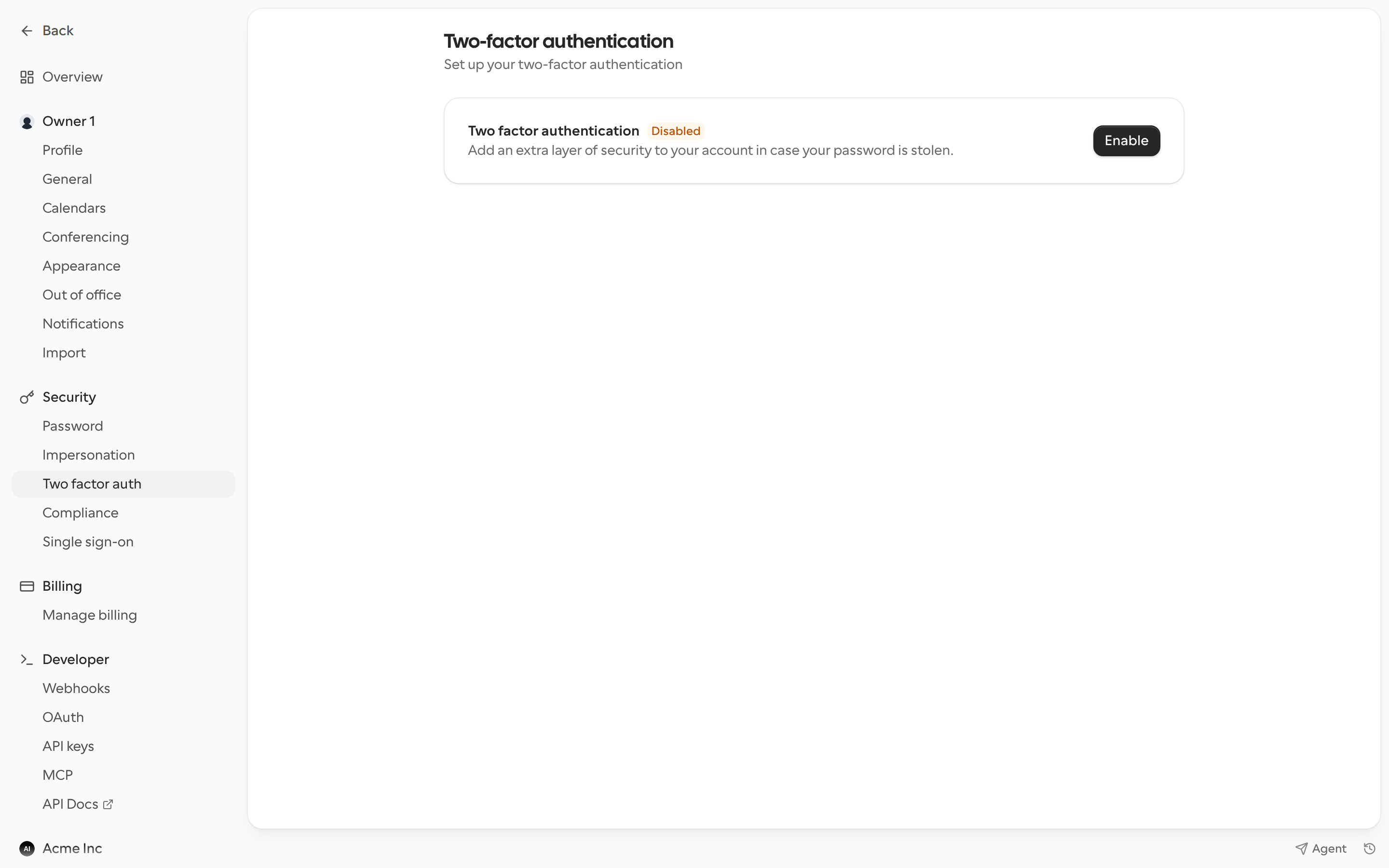 Two-factor authentication settings with the Enable button