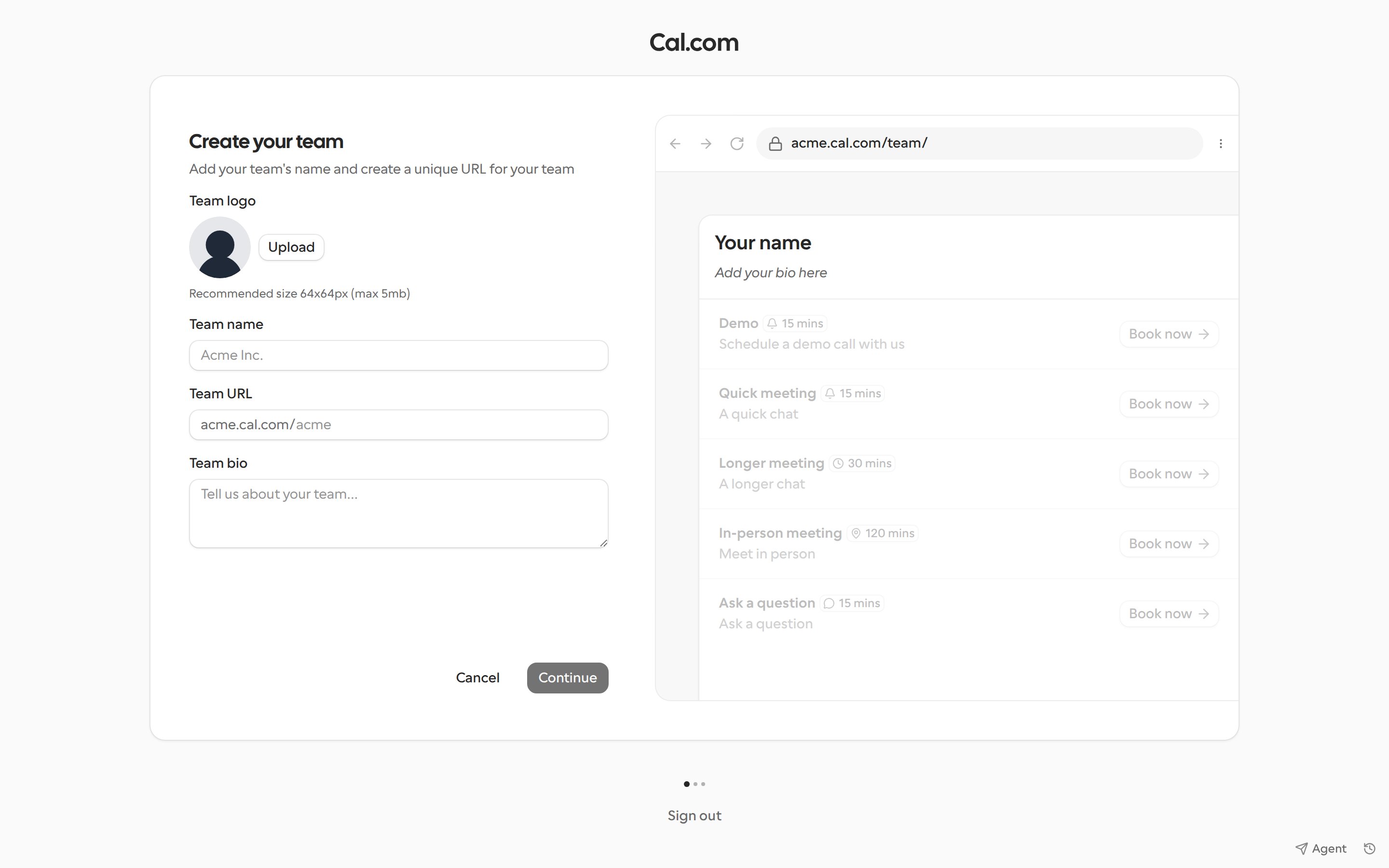 Create your team form with team logo, name, URL and bio