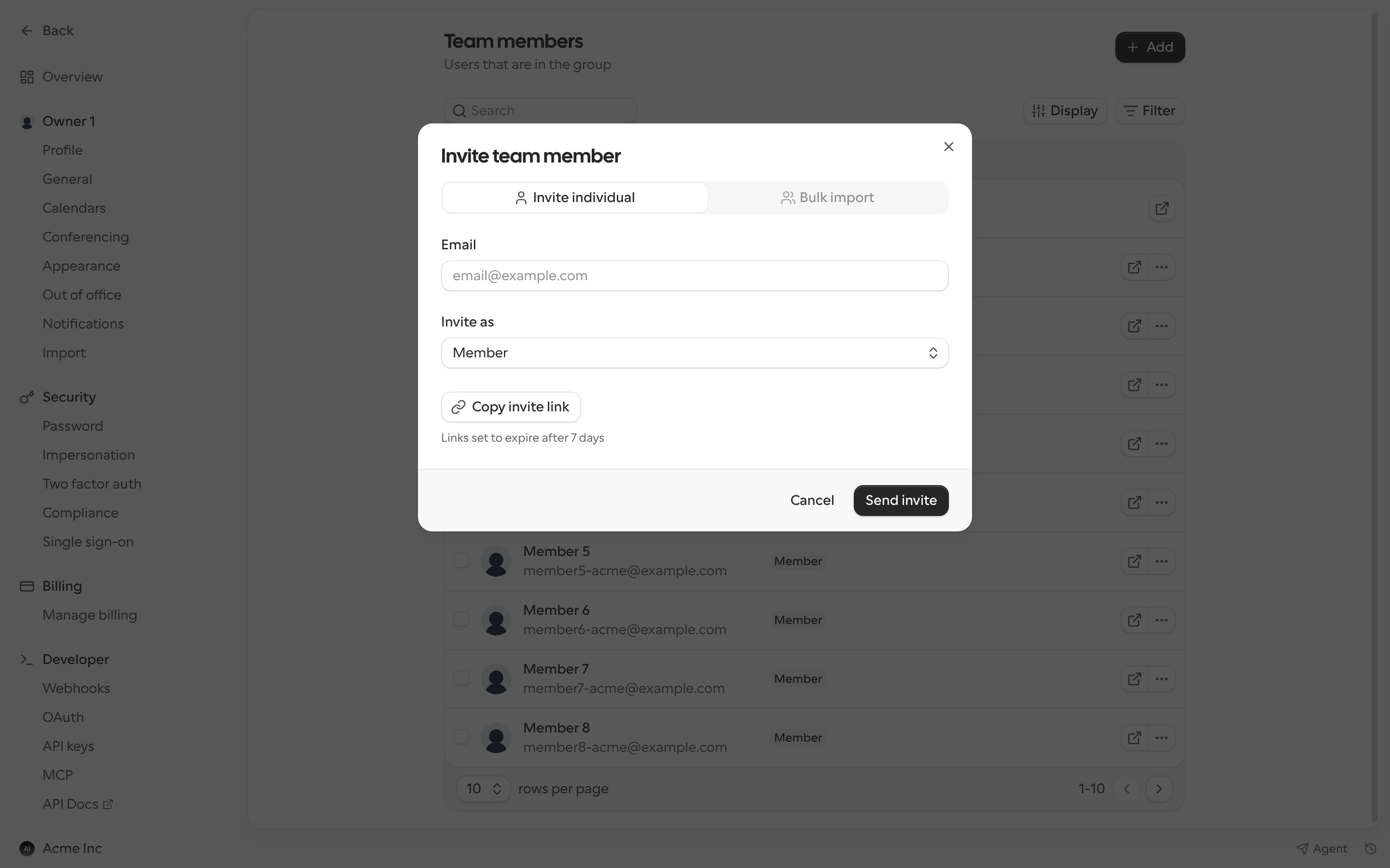 Invite team member dialog