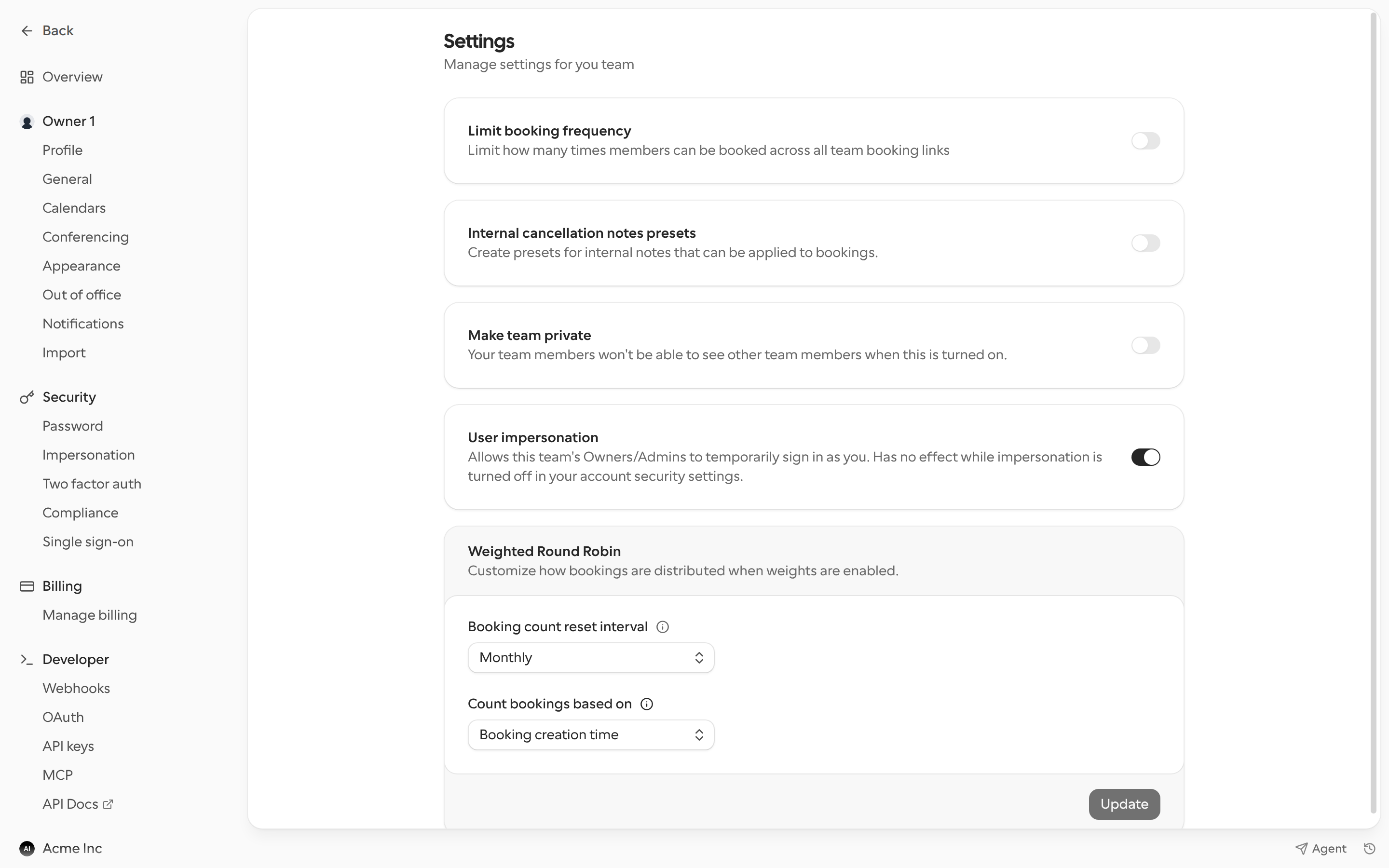 Team settings page
