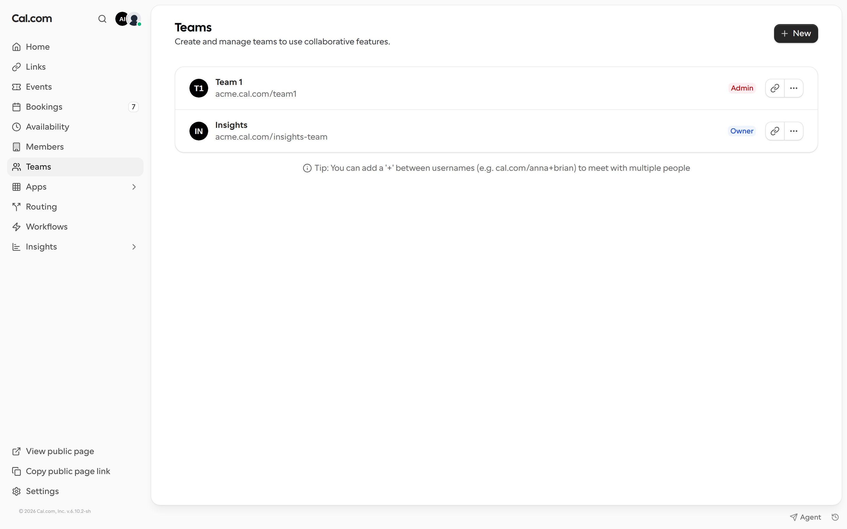 Teams page listing your teams