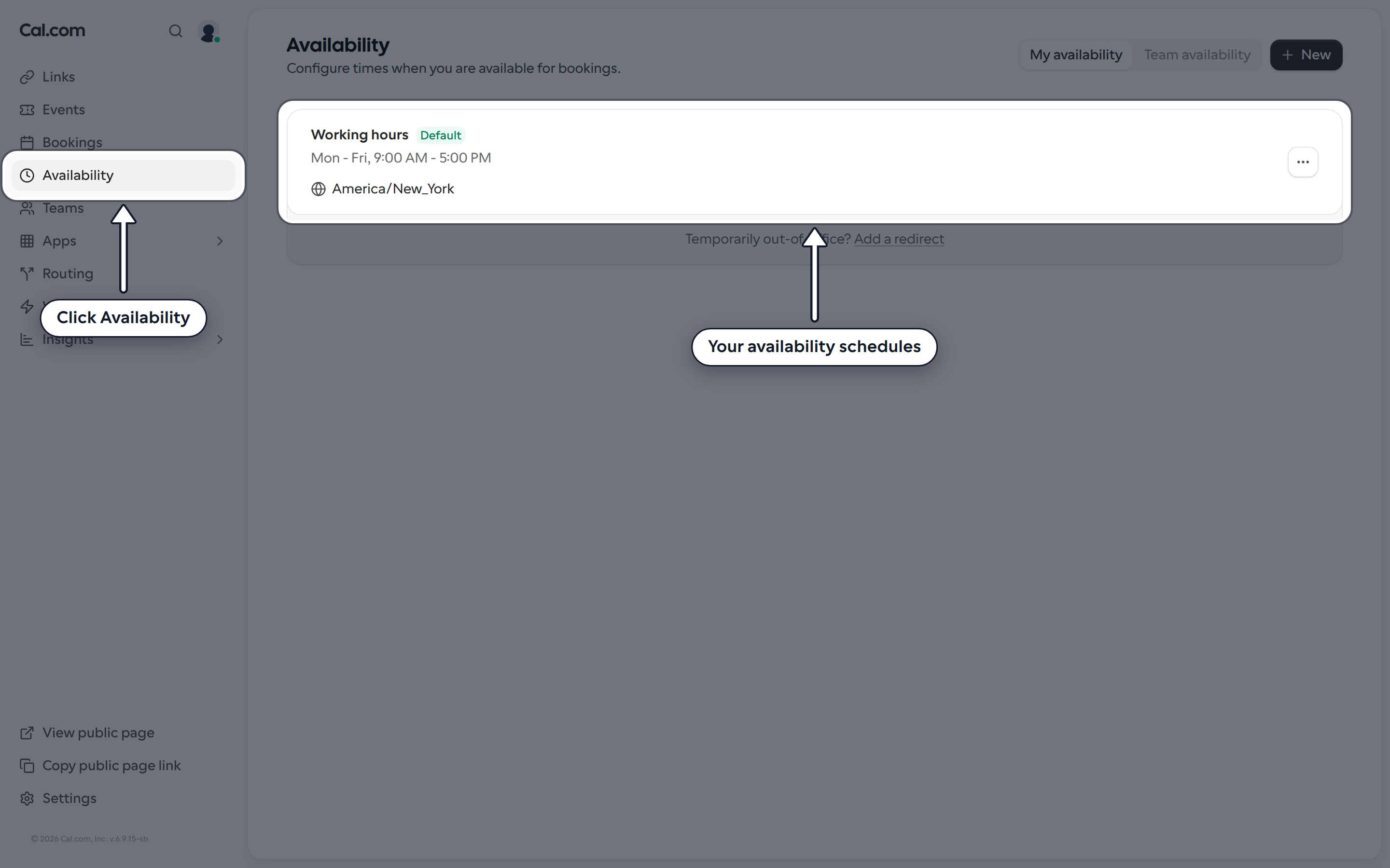 Availability page with the Availability item in the sidebar and the Working hours schedule highlighted