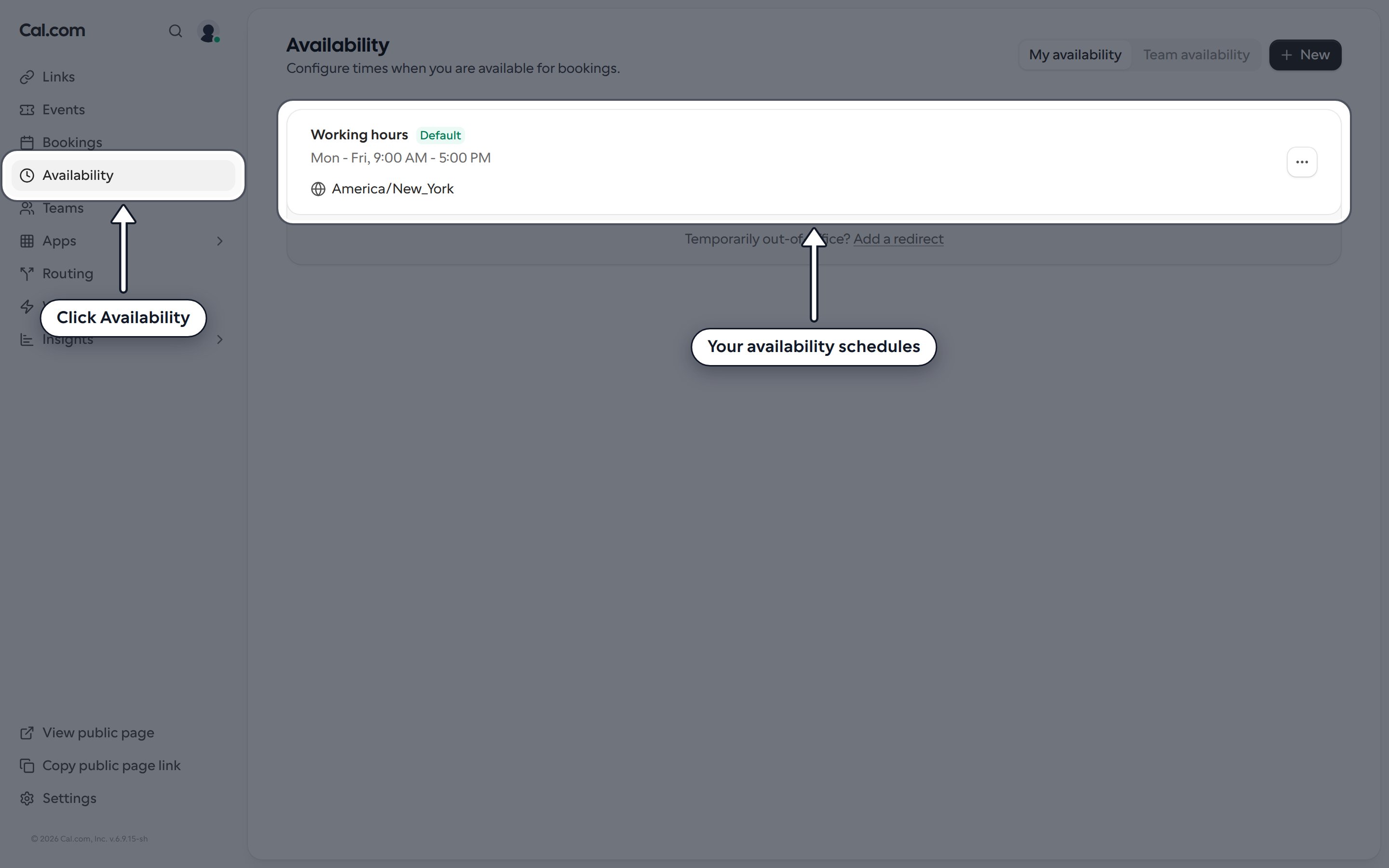 Availability page with the Availability item in the sidebar and the Working hours schedule highlighted