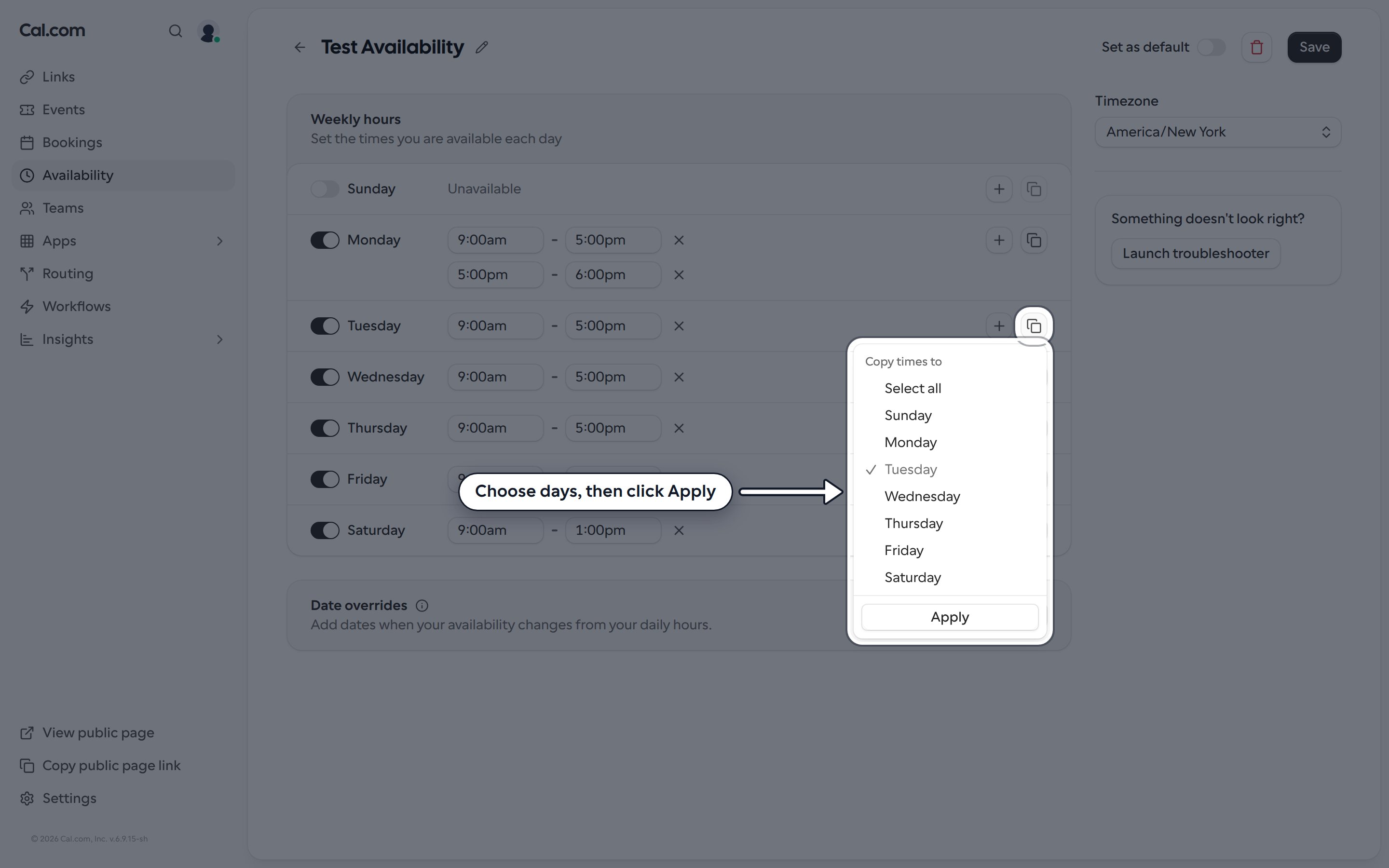 Copy times to menu open from Tuesday's copy button with the list of days and the Apply button