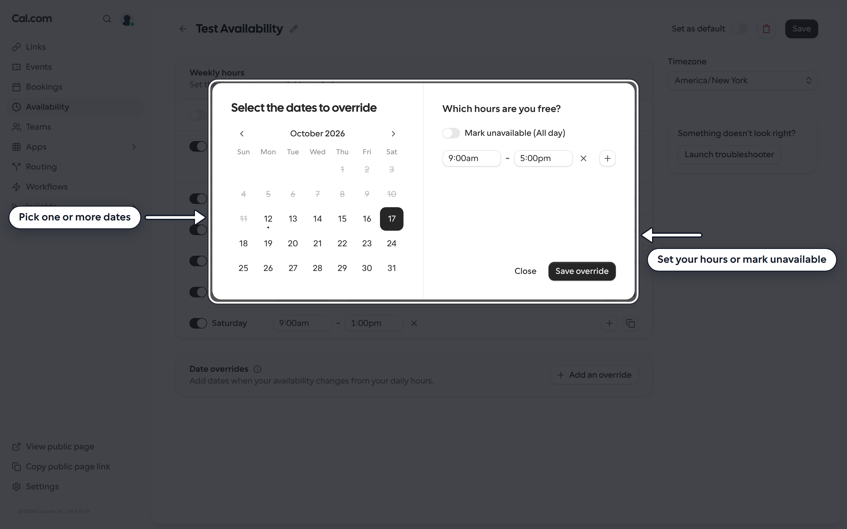 Date override dialog with a calendar to pick dates and the hours and Mark unavailable options