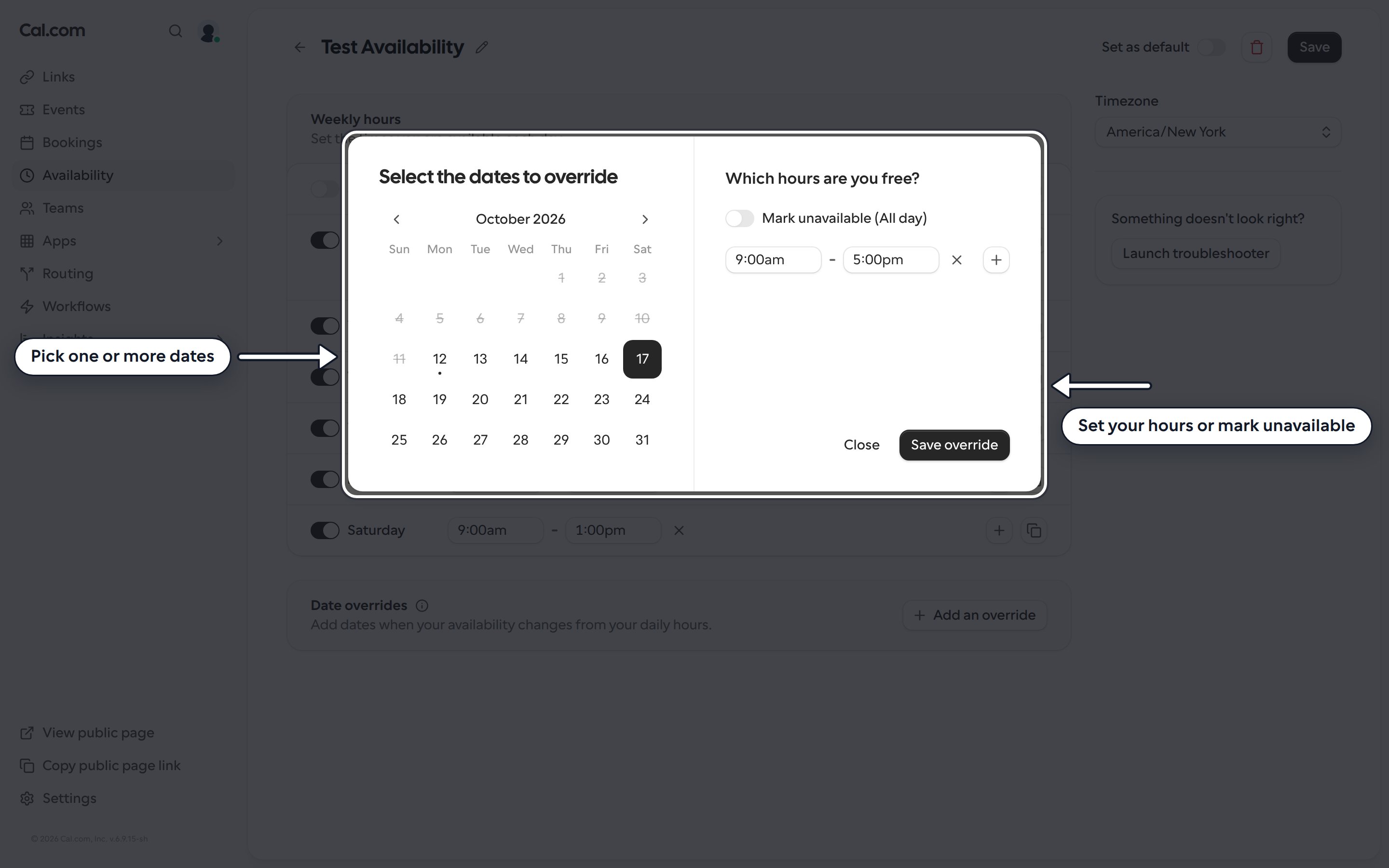 Date override dialog with a calendar to pick dates and the hours and Mark unavailable options