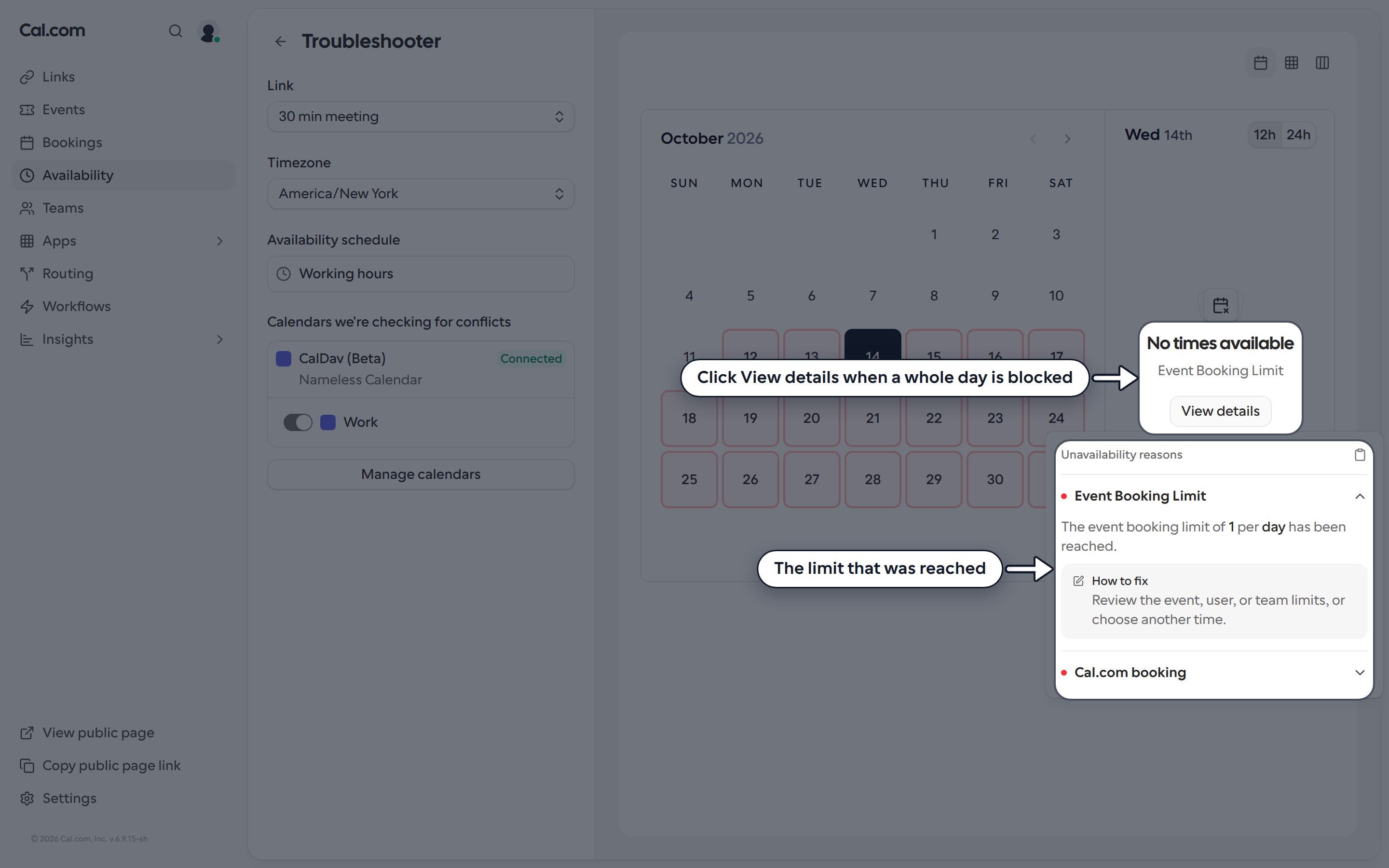 A day with no times available because the event booking limit was reached, with the View details panel open