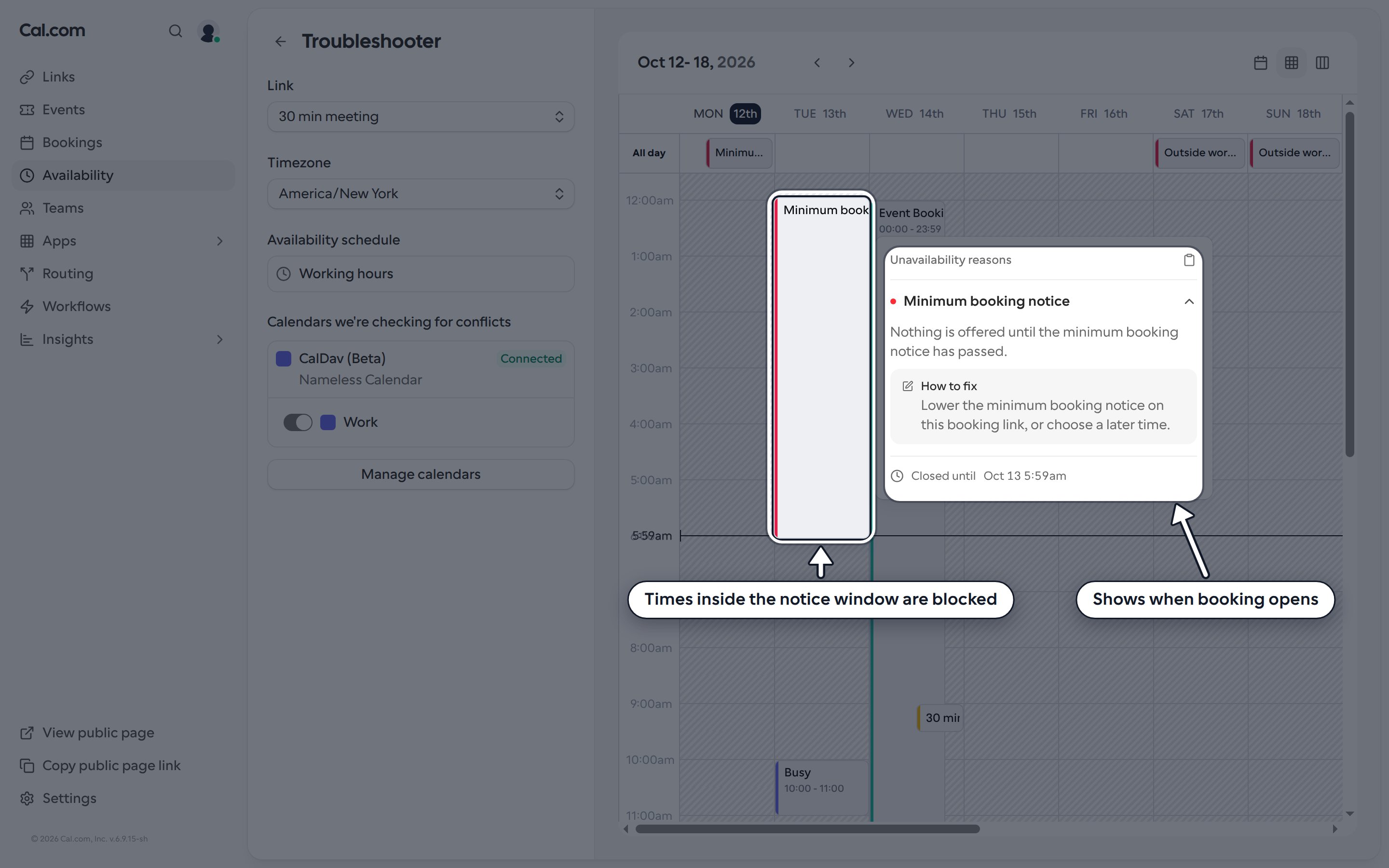 Week view with the minimum booking notice block and its reason, how to fix tip and Closed until time