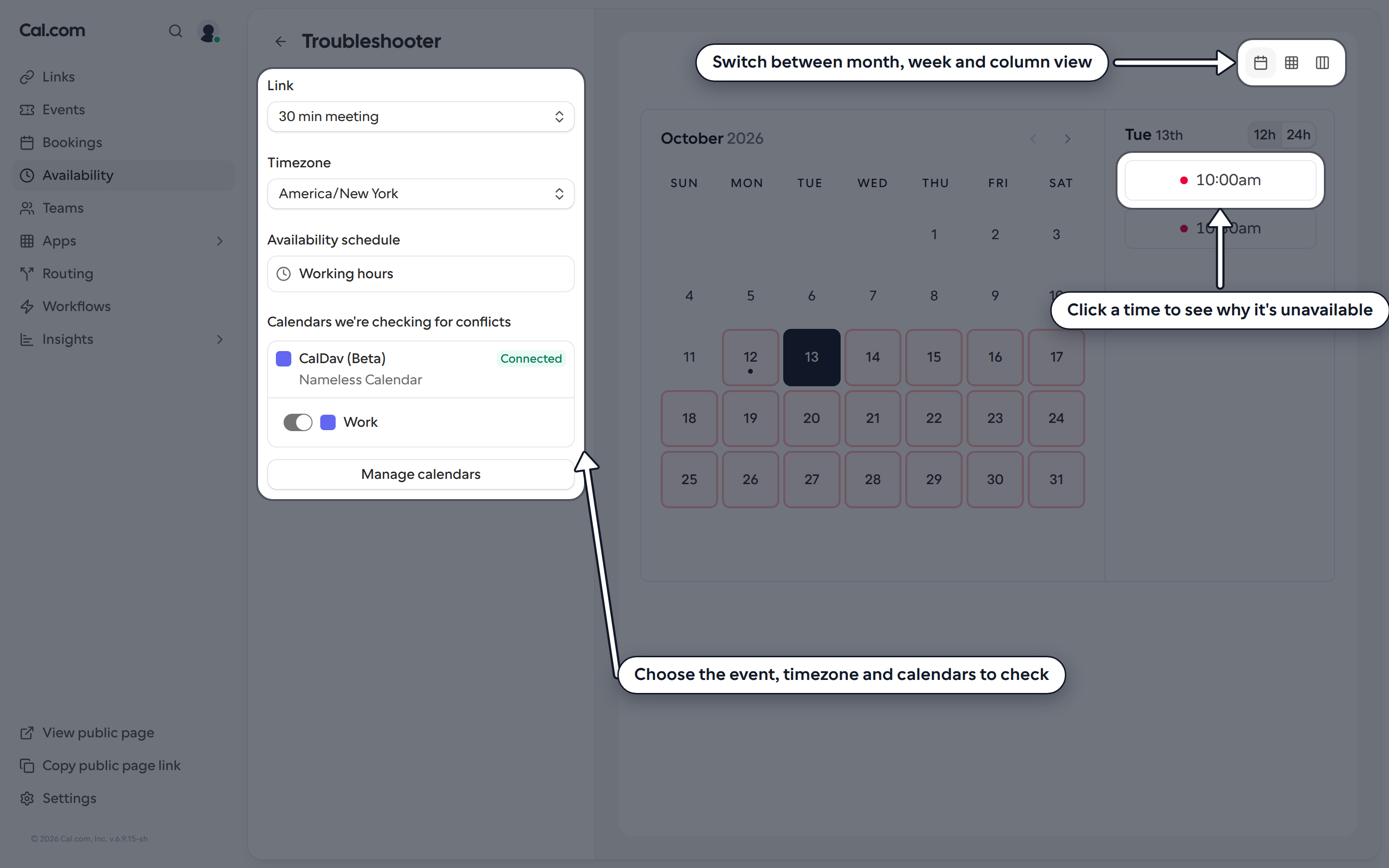 Troubleshooter in month view with the Link, Timezone, schedule and calendar settings, the layout buttons and an unavailable time highlighted