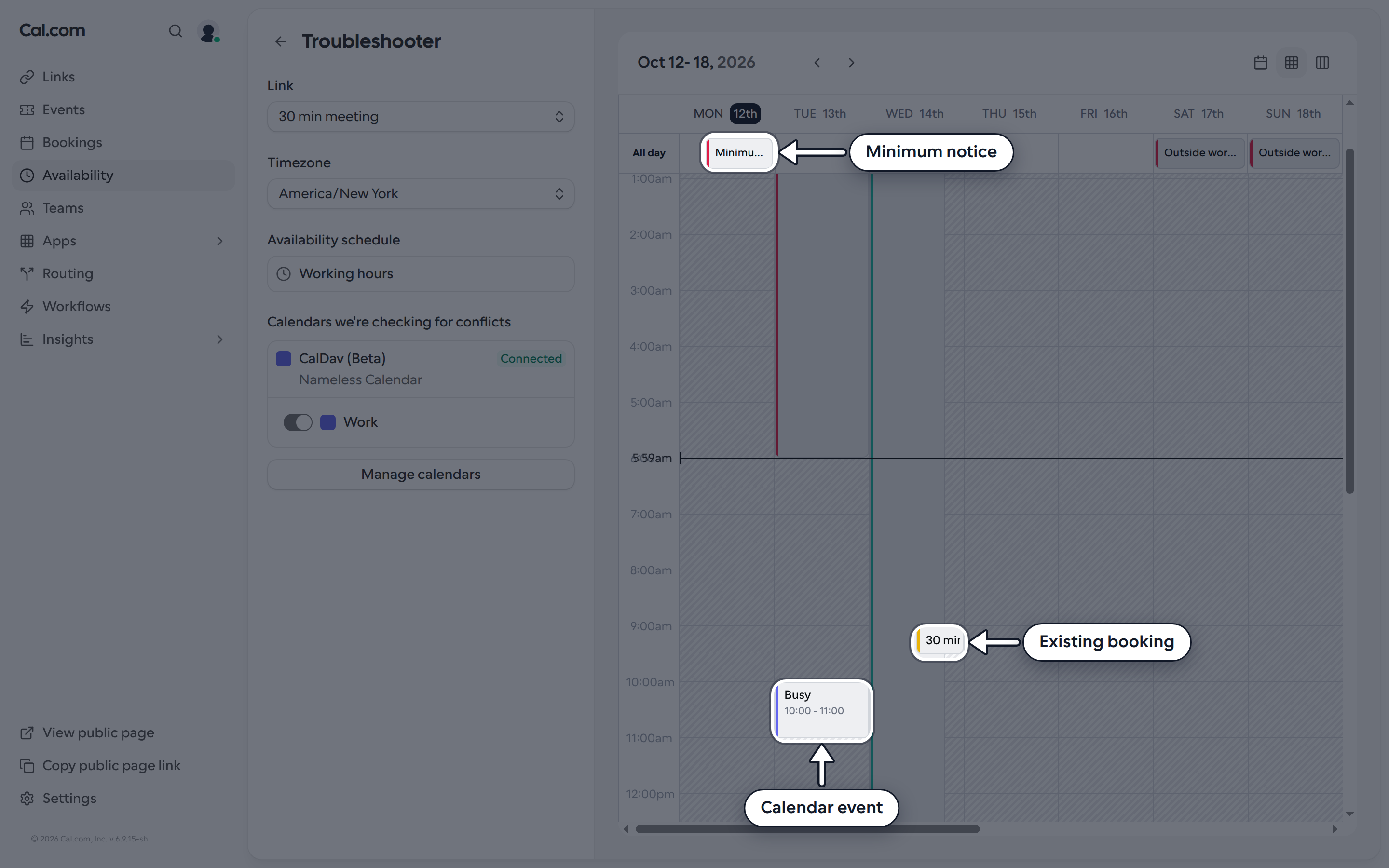 Troubleshooter week view with a calendar event, an existing booking and a minimum notice block highlighted