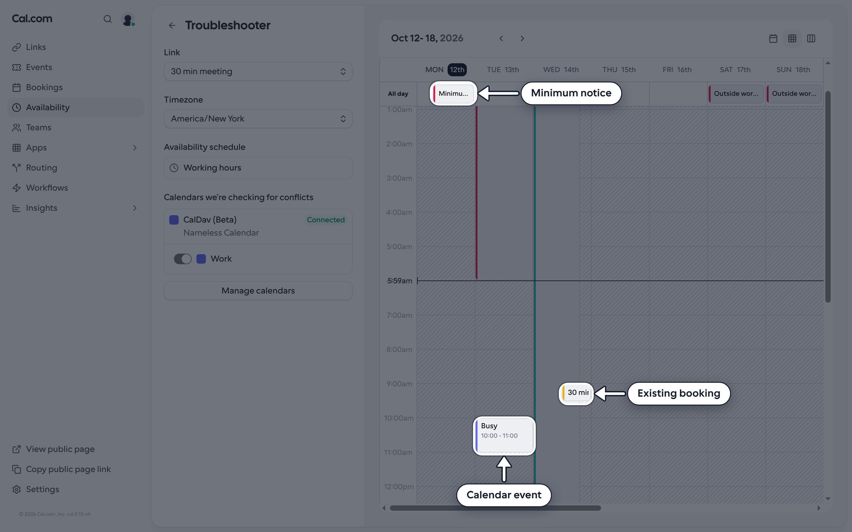 Troubleshooter week view with a calendar event, an existing booking and a minimum notice block highlighted