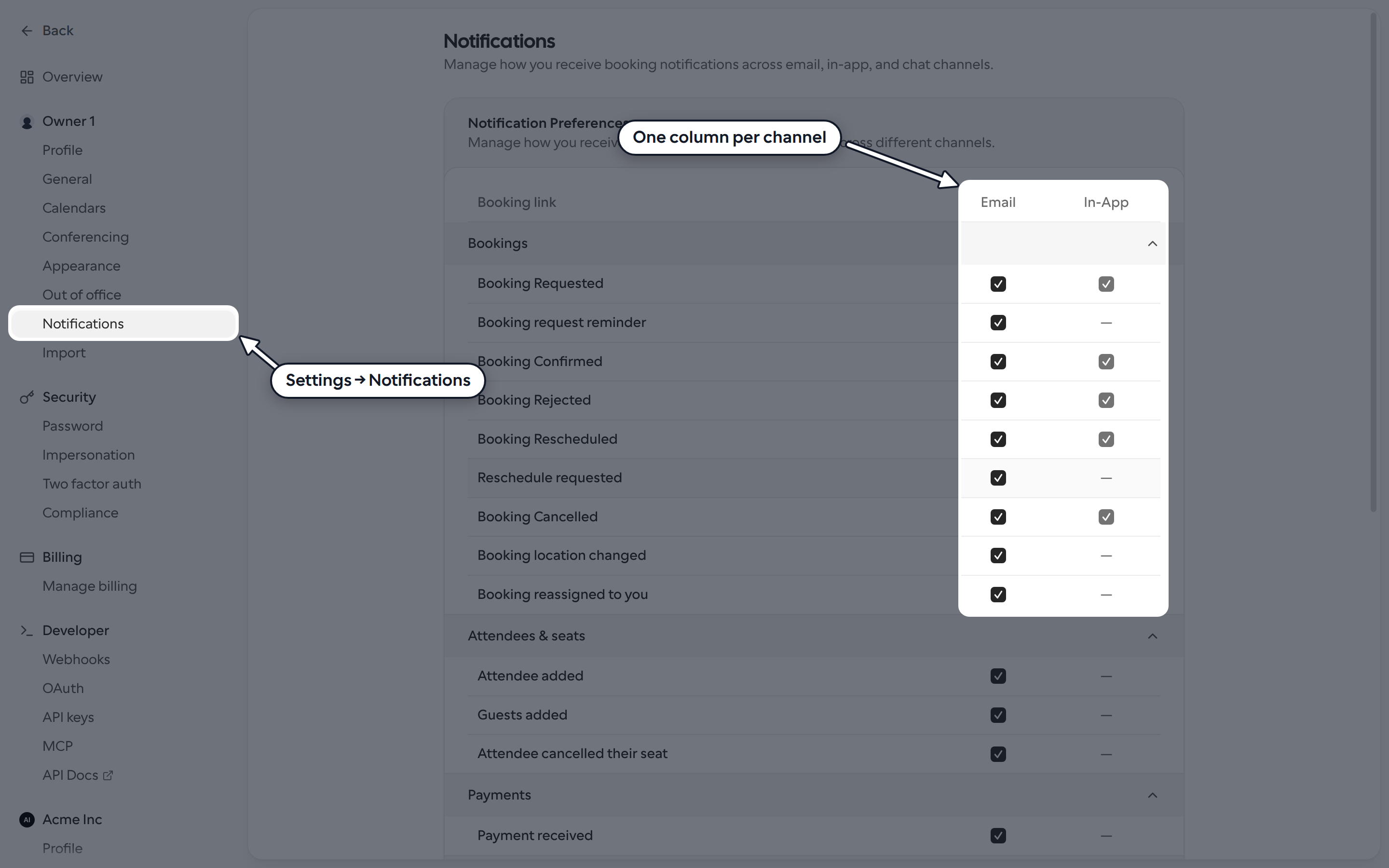 Notifications settings page with Notifications in the sidebar and the Email and In-App columns highlighted