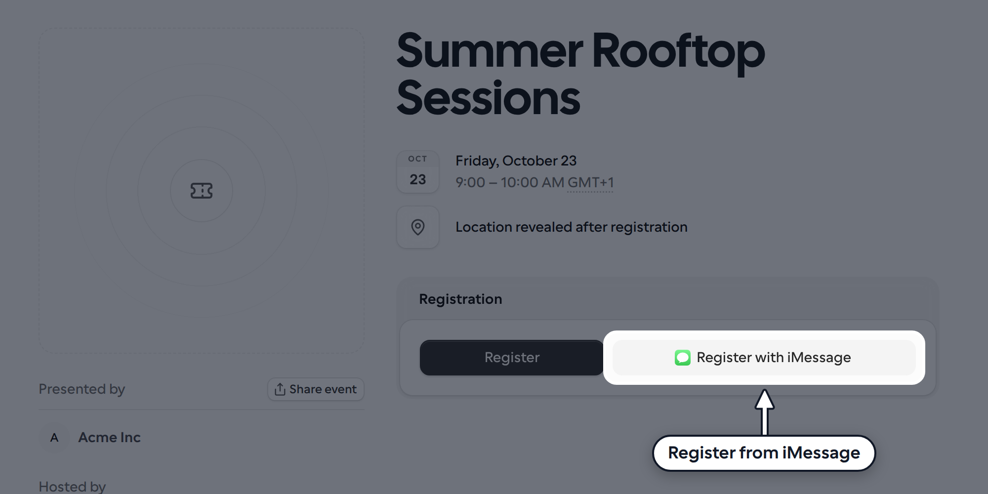 Public event page with the Register with iMessage button highlighted next to Register