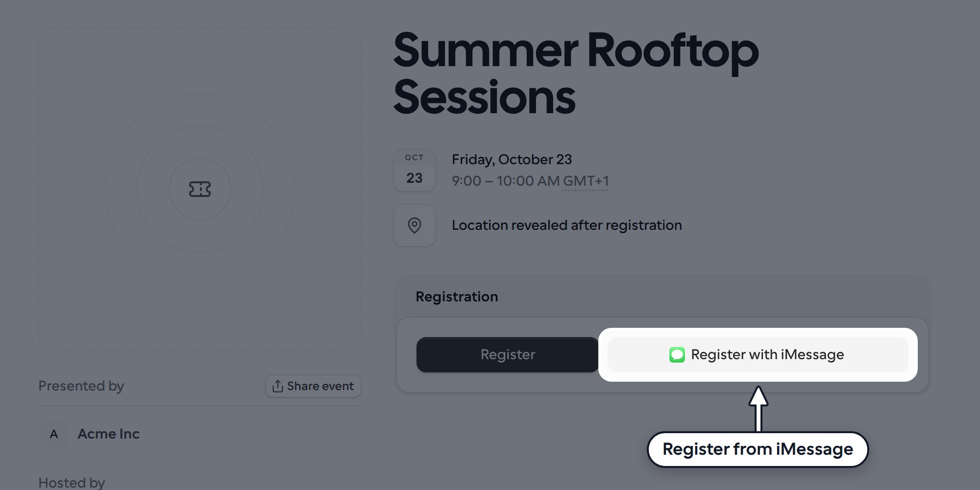 Public event page with the Register with iMessage button highlighted next to Register