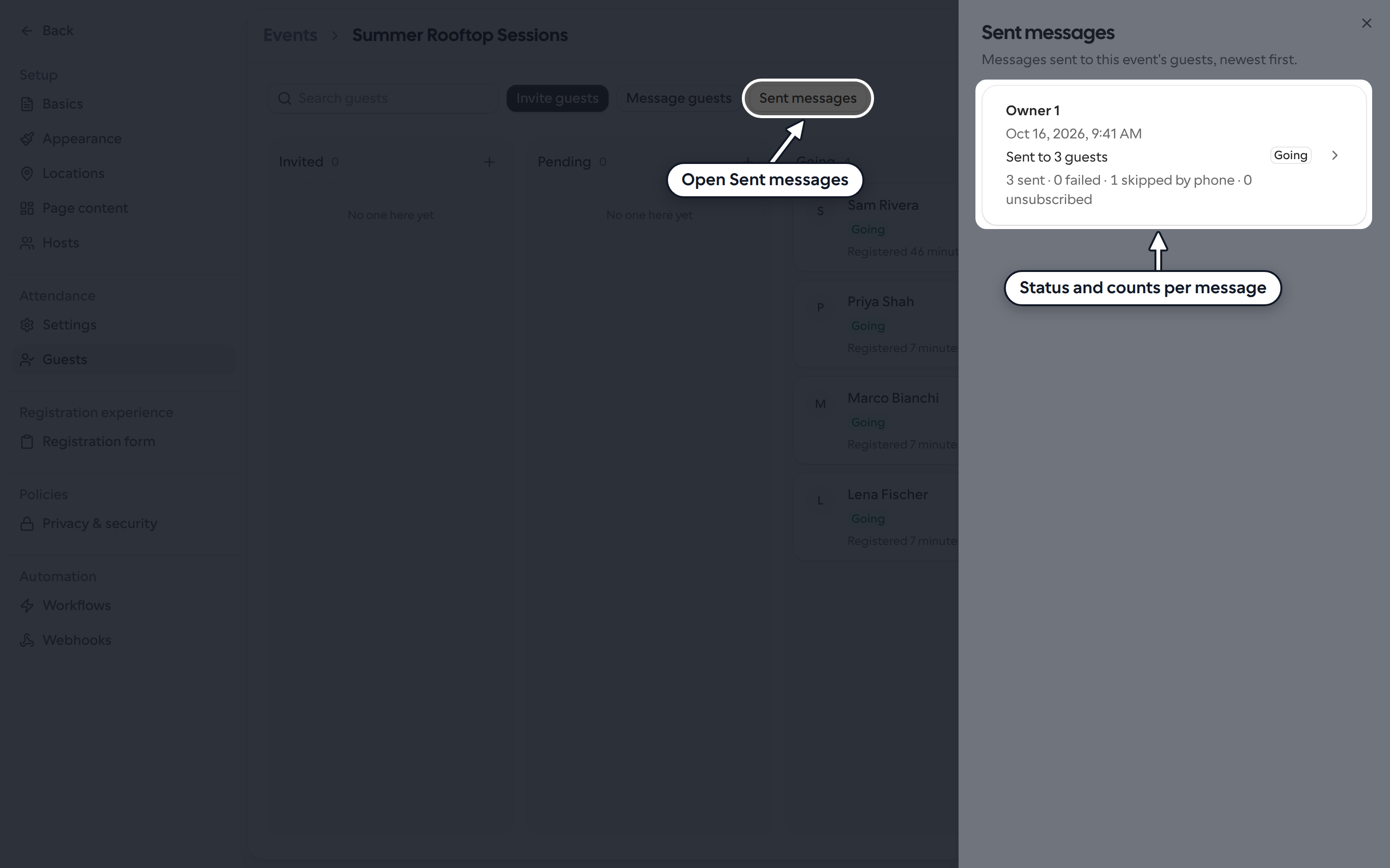 Sent messages panel showing one message with its sender, date, group and delivery counts