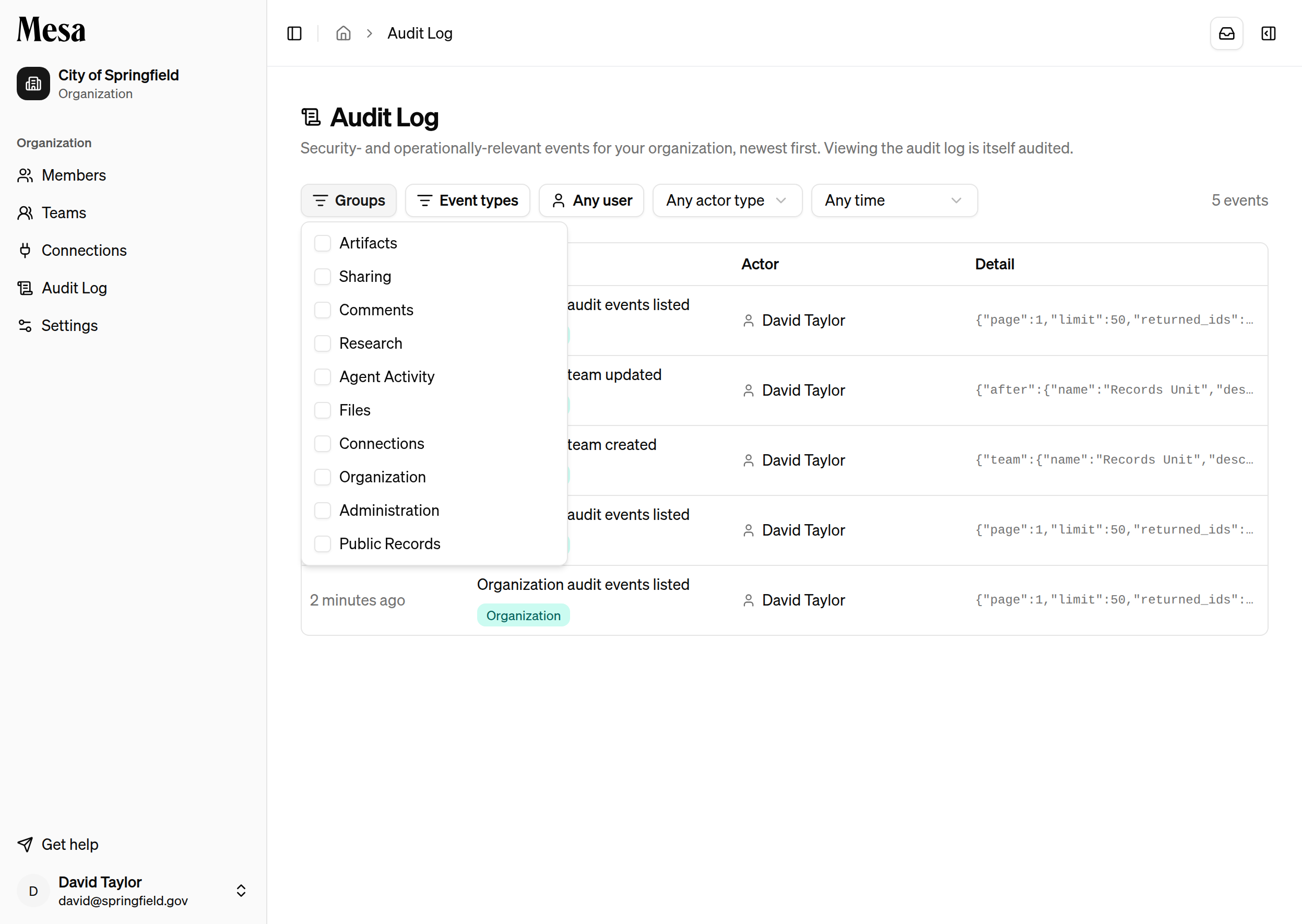 The Groups filter open, listing event categories to filter by