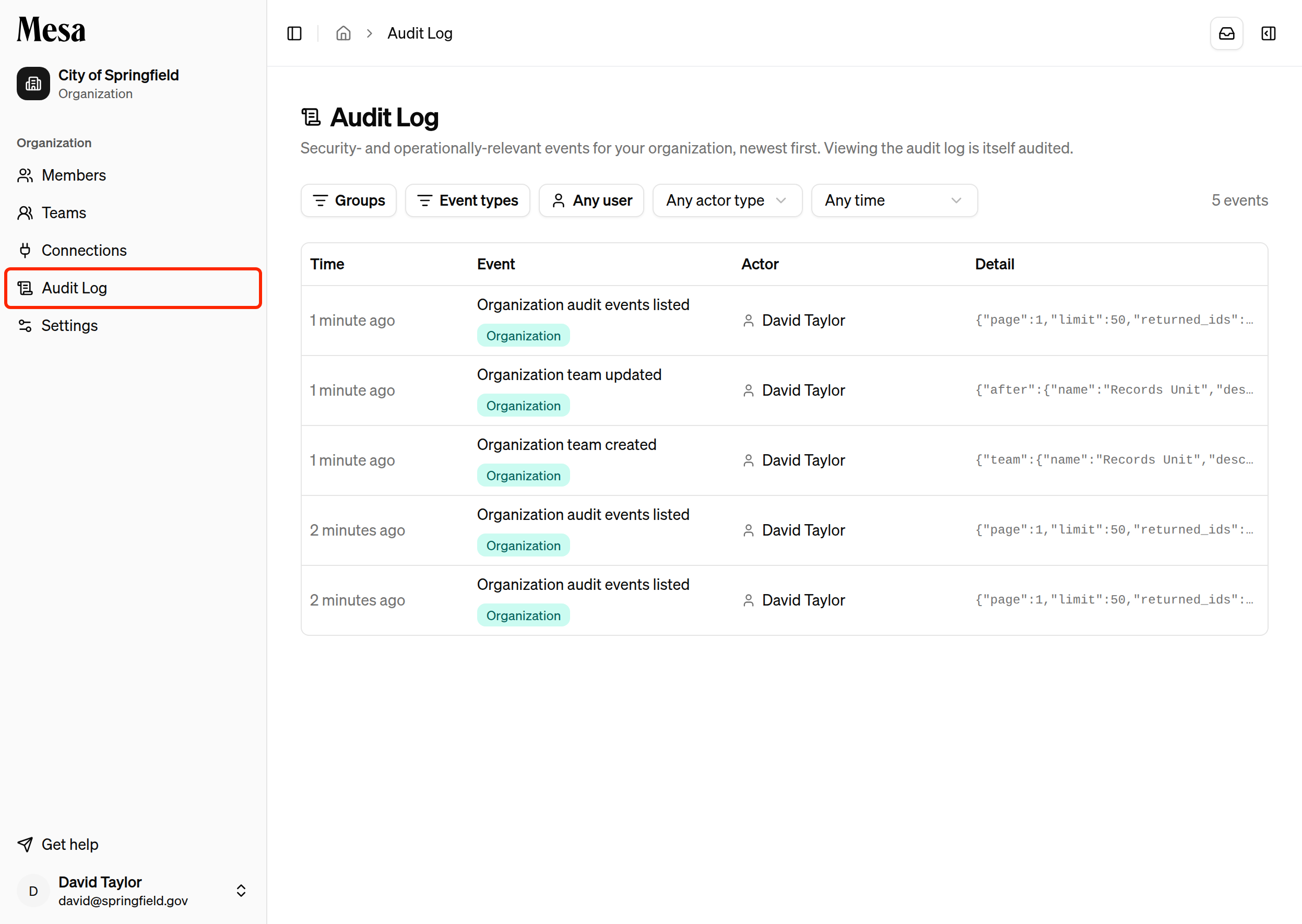 The organization audit log with the Audit Log sidebar entry highlighted