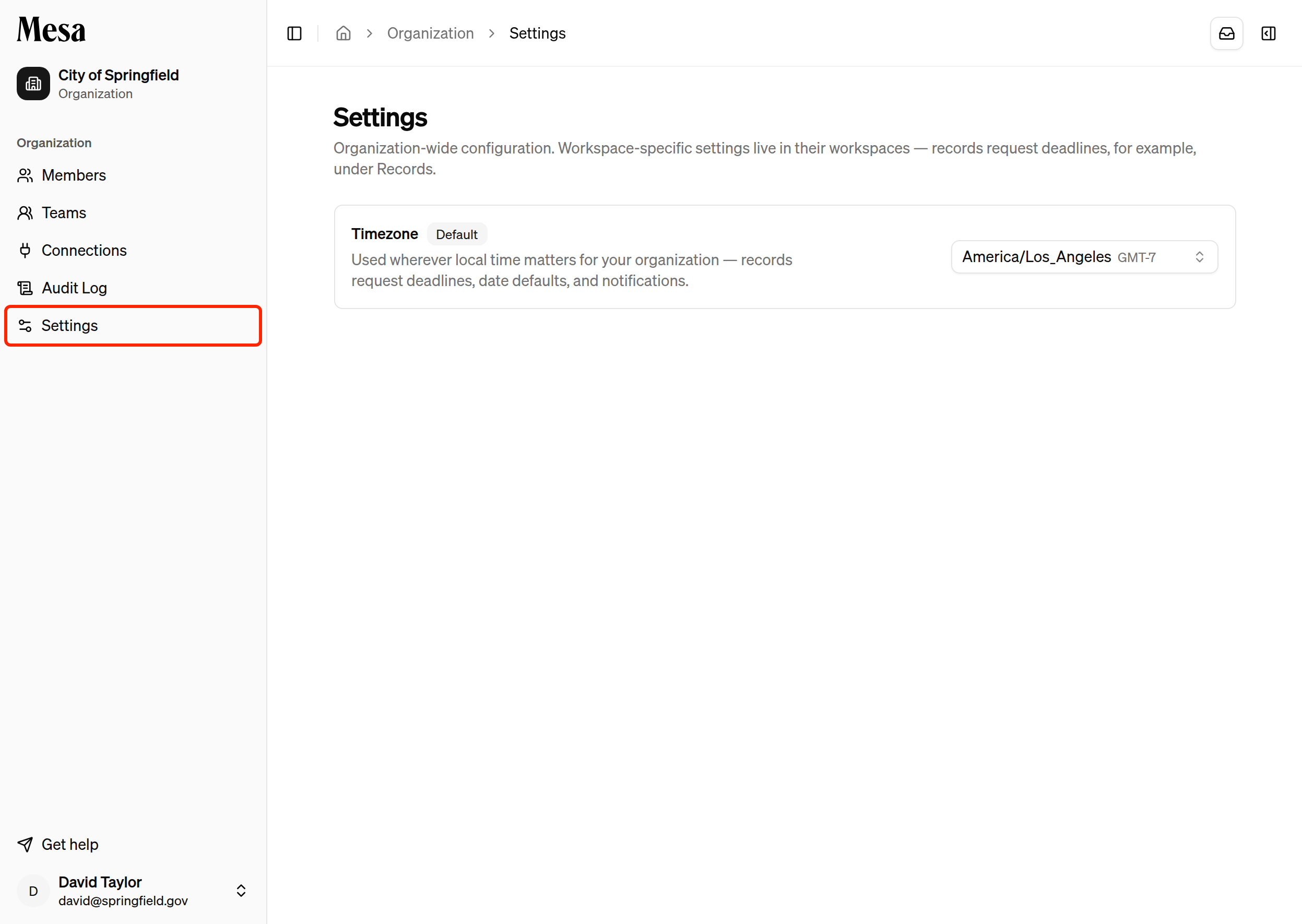 The Organization settings page with the Settings sidebar entry highlighted