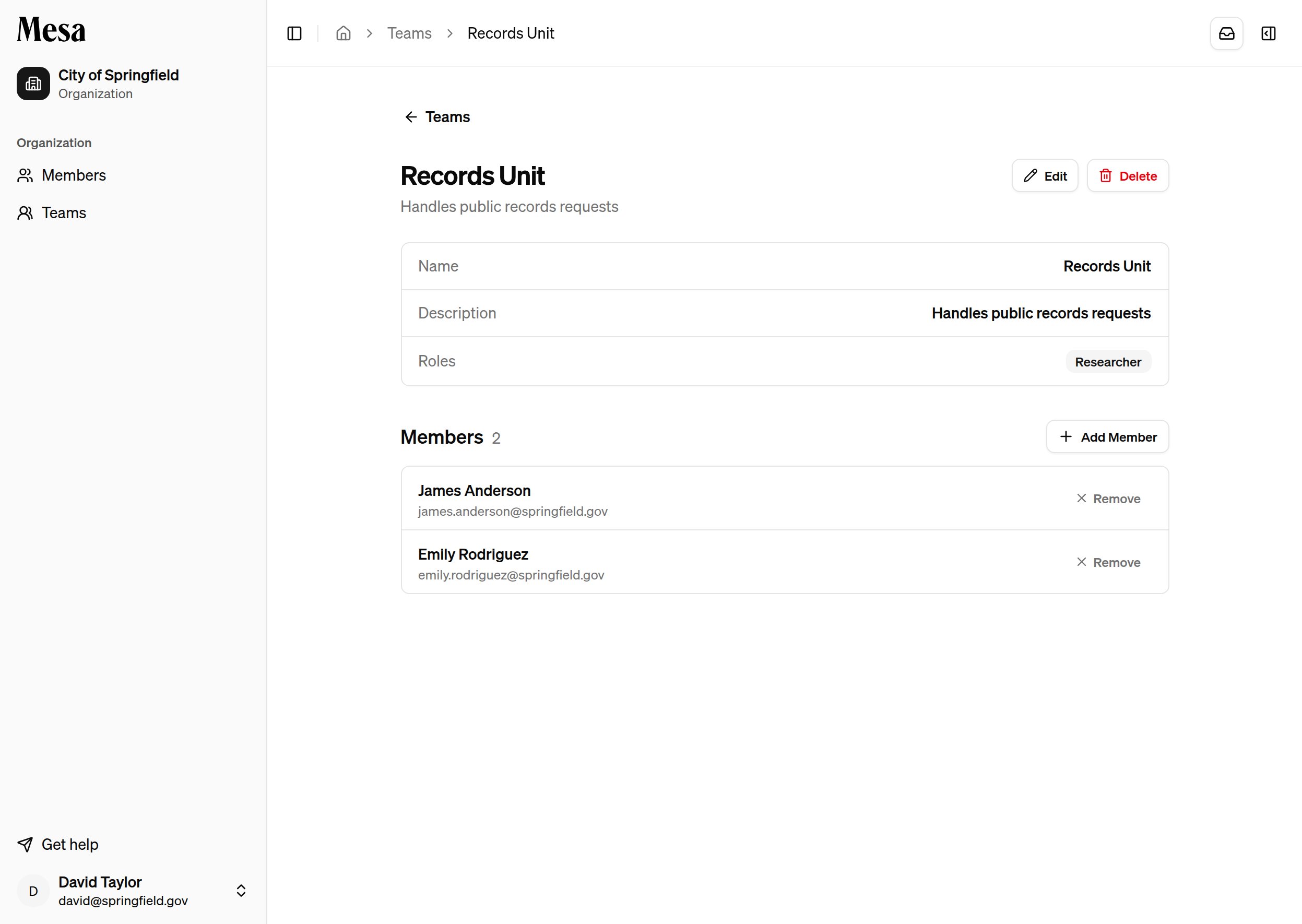 A team detail page showing its roles and member list