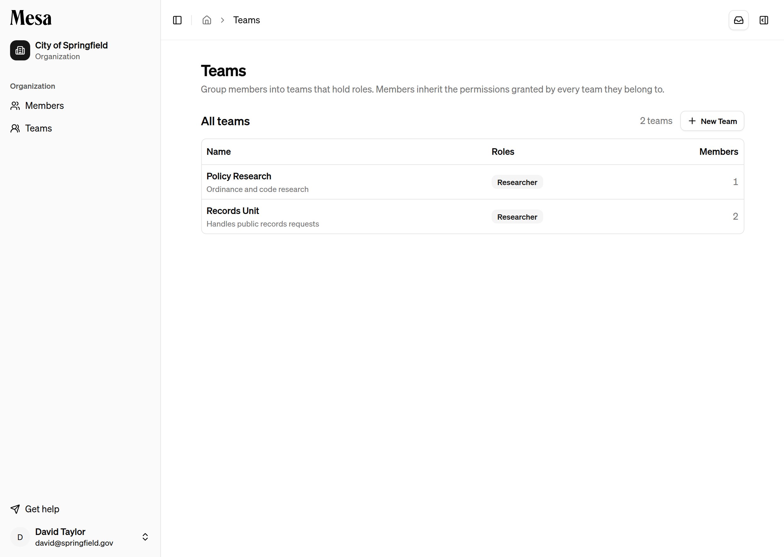 The Teams page listing each team with its roles and member count