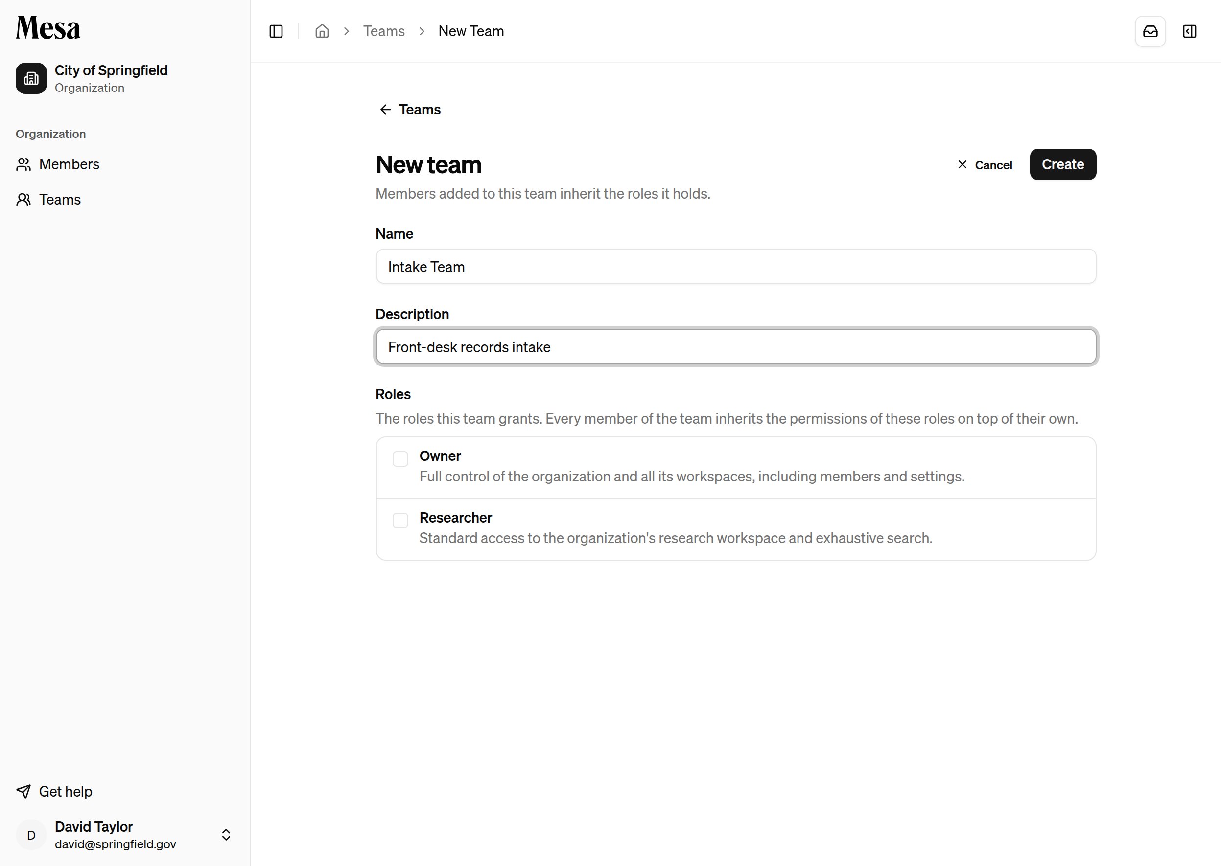 The new team form with name, description, and role selector