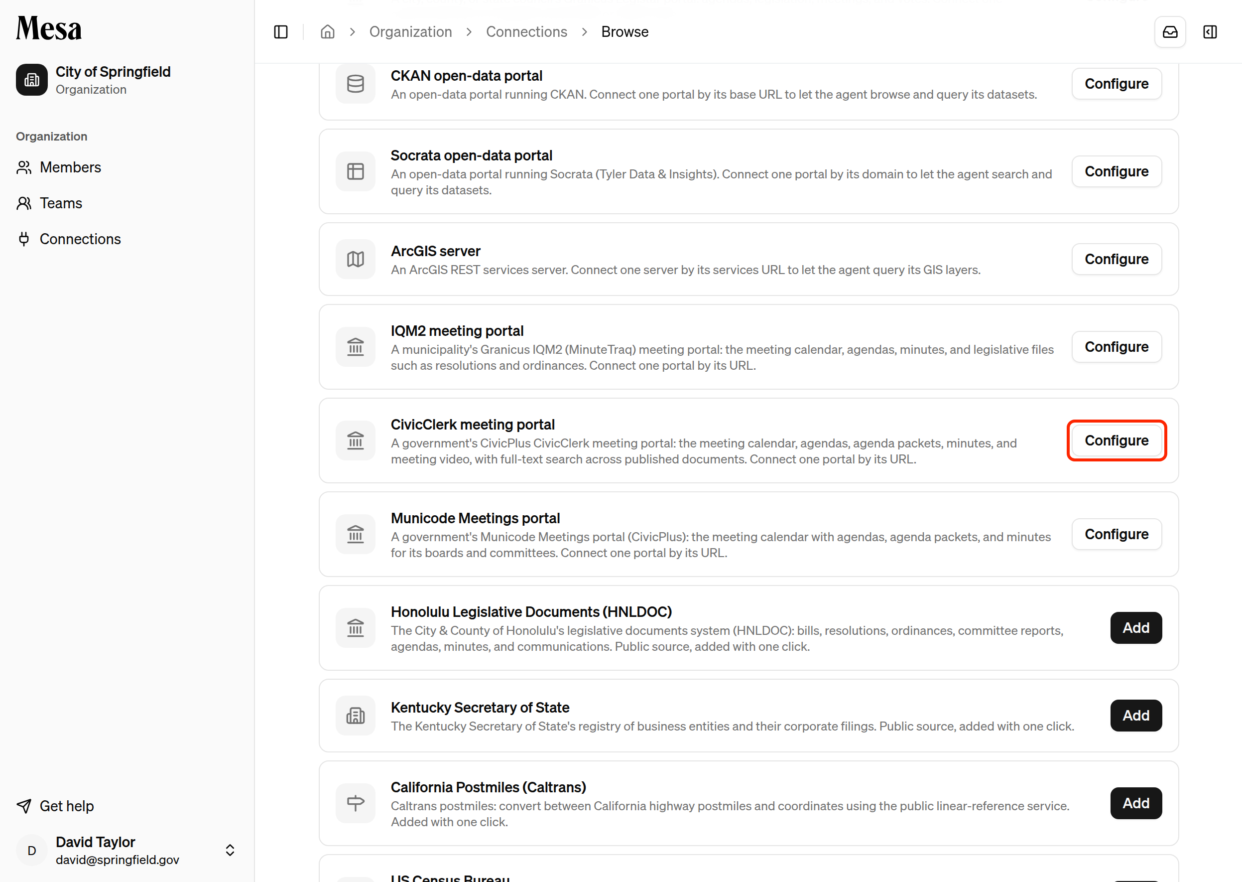 The source catalog with the CivicClerk meeting portal's Configure button highlighted