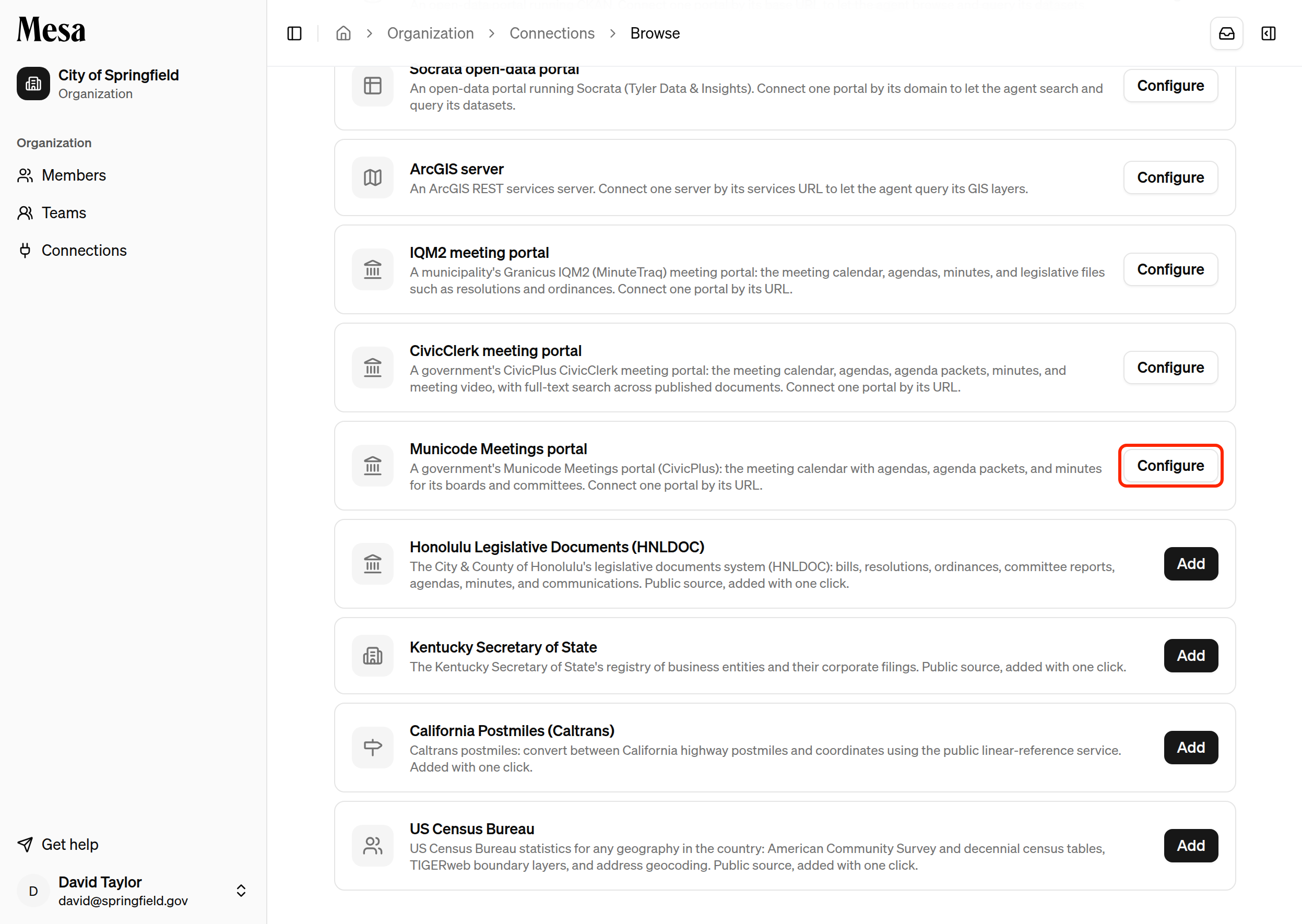 The source catalog with the Municode Meetings portal's Configure button highlighted