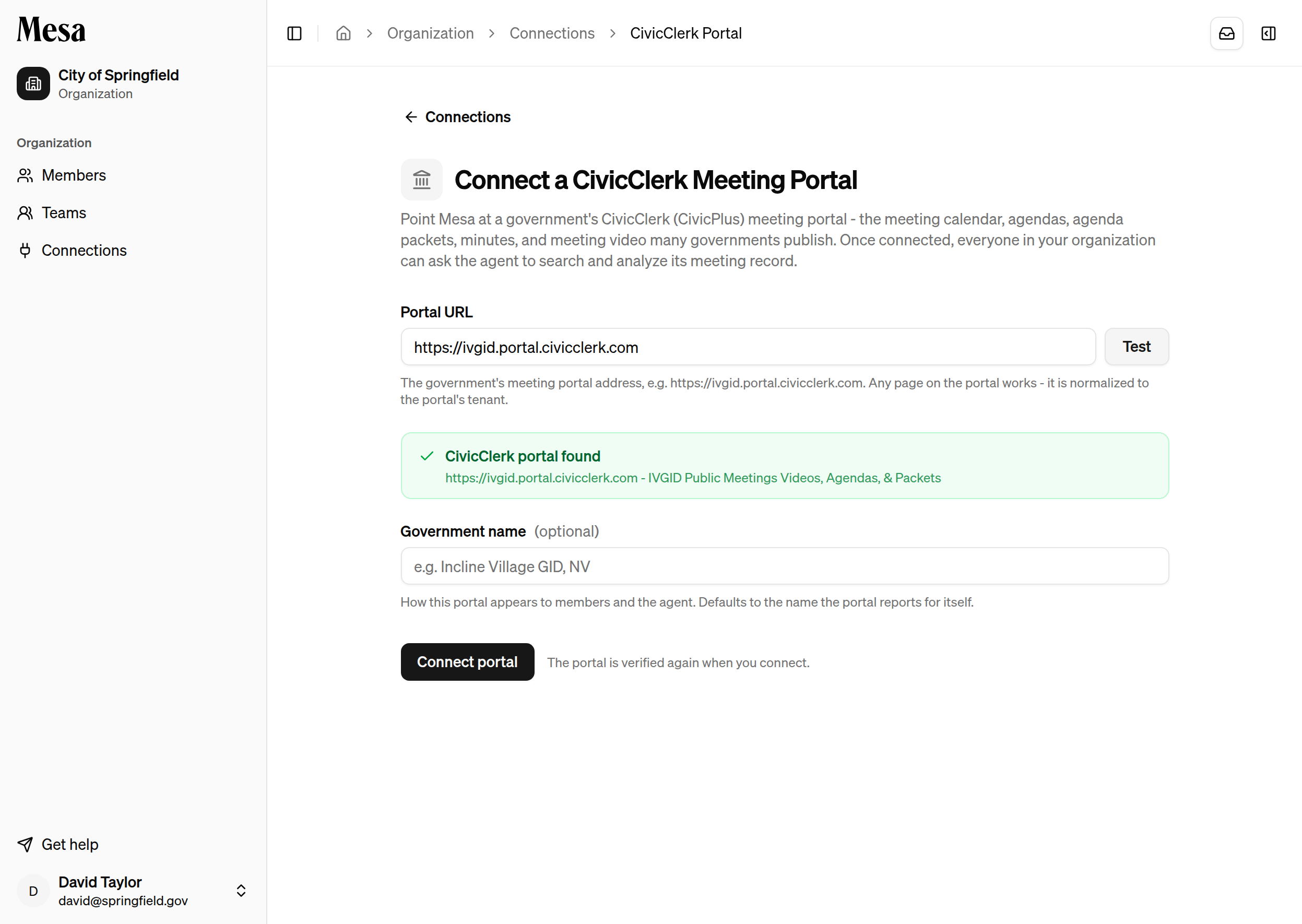 The CivicClerk setup form with a successful test result for the IVGID portal