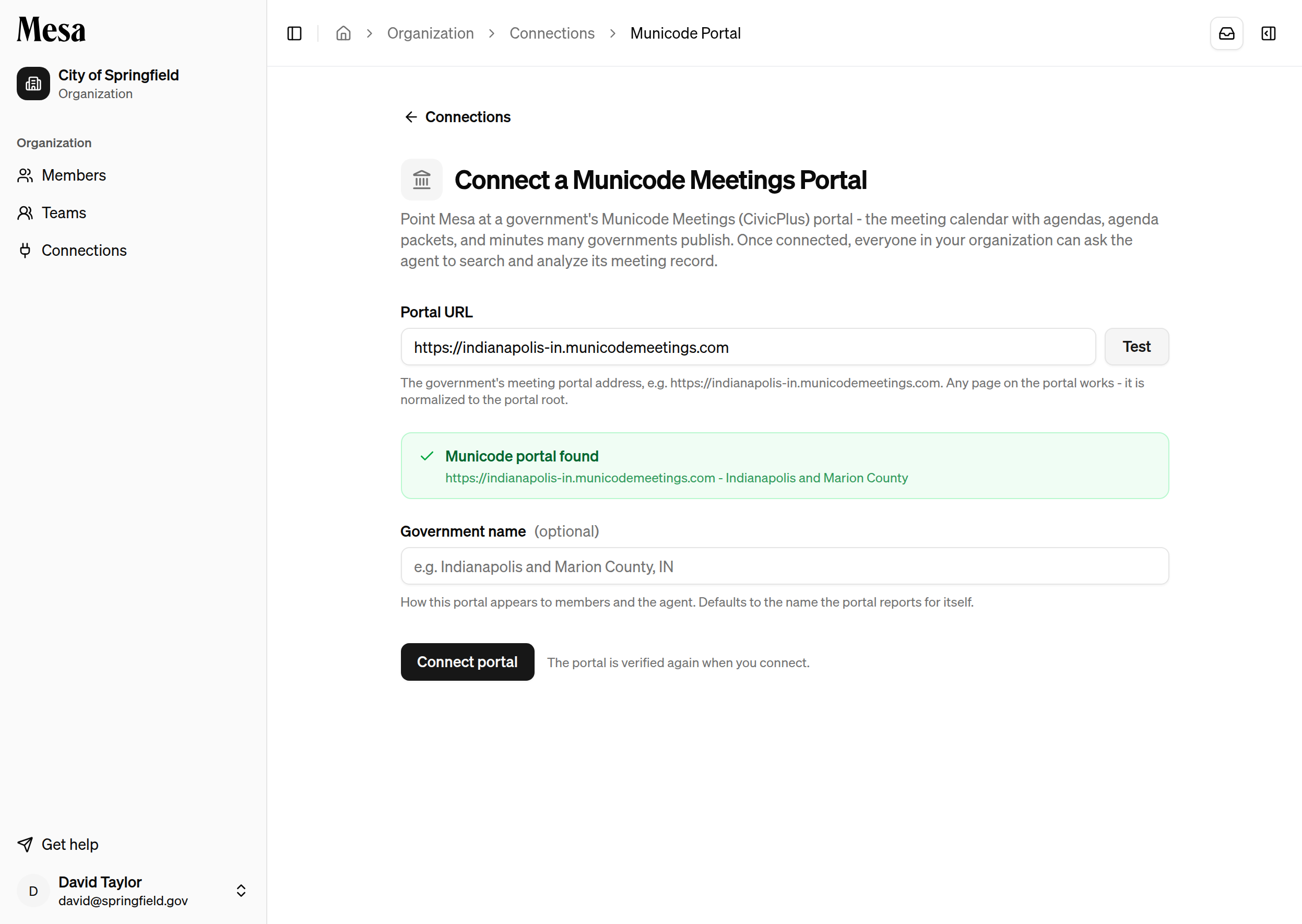 The Municode Meetings setup form with a successful test result for Indianapolis and Marion County