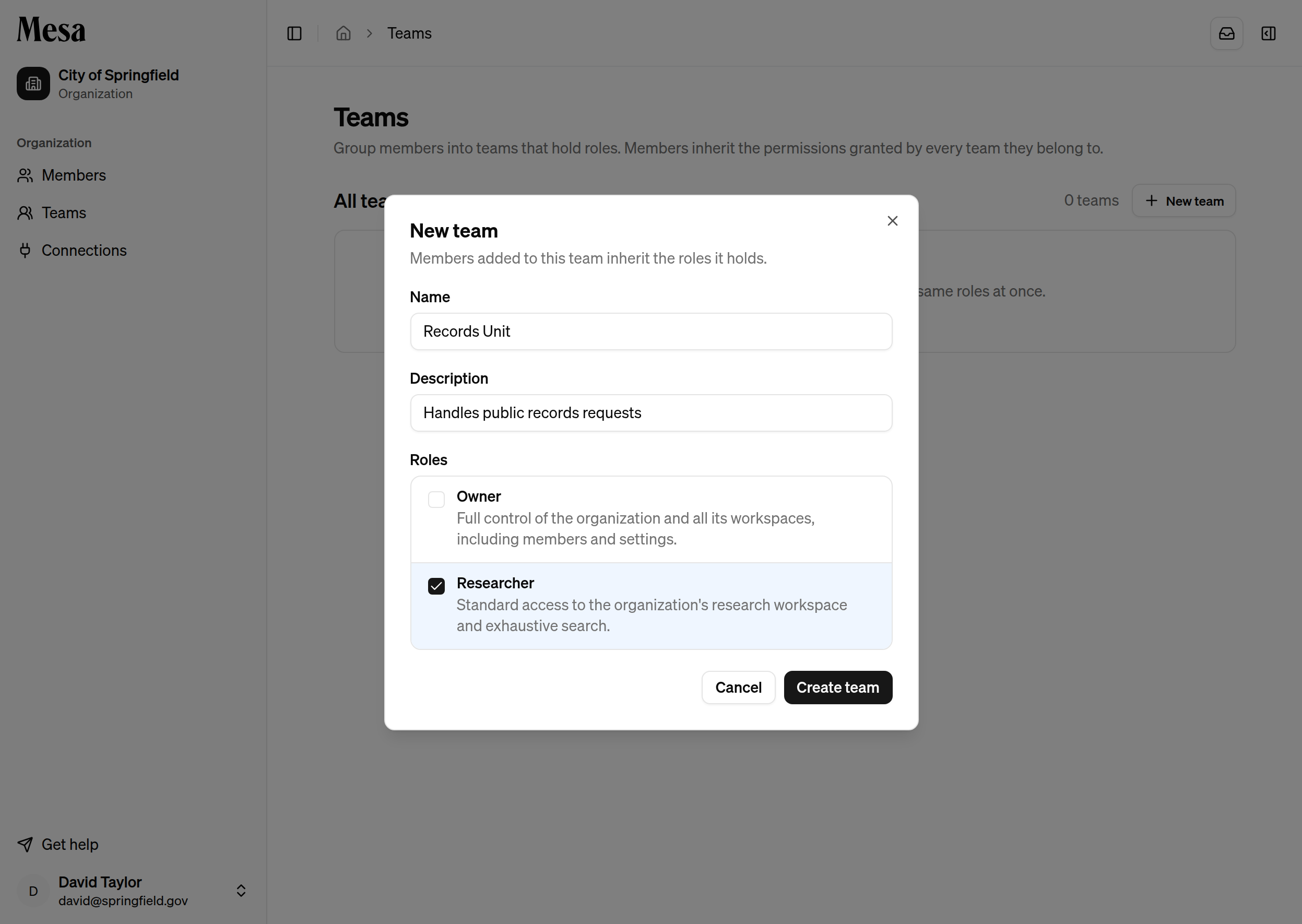 The New team dialog with name, description, and role checkboxes