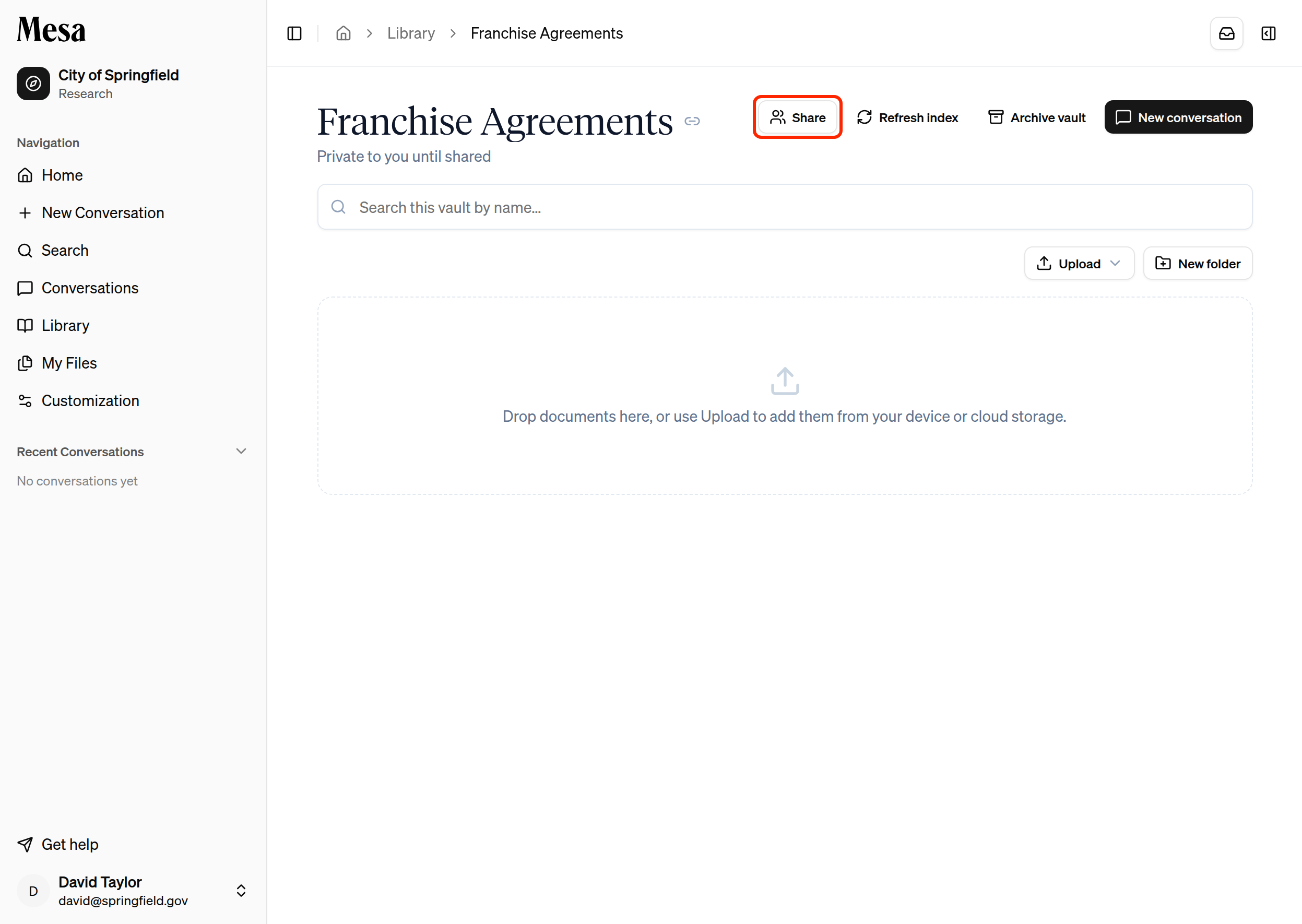 A vault page with the Share button highlighted in the header
