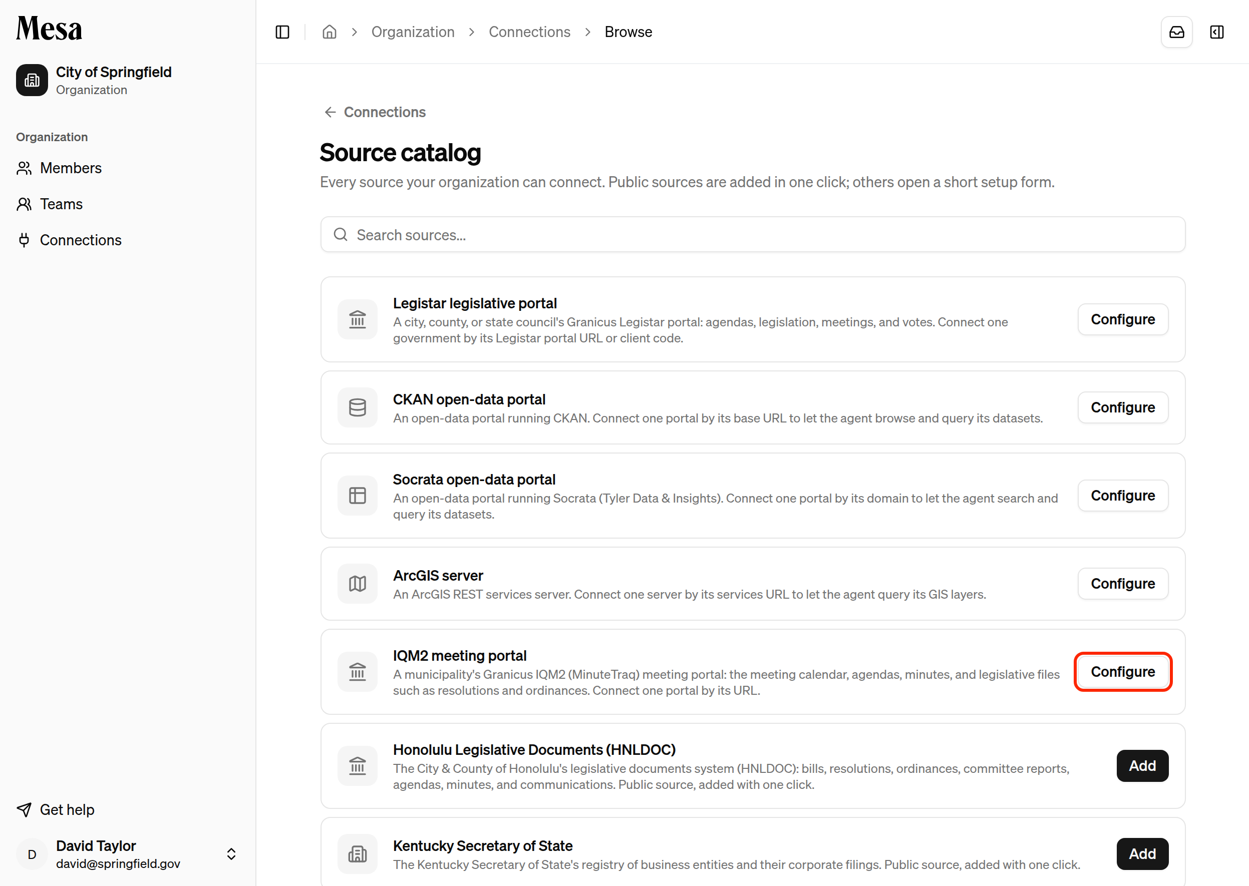 The source catalog with the IQM2 meeting portal's Configure button highlighted