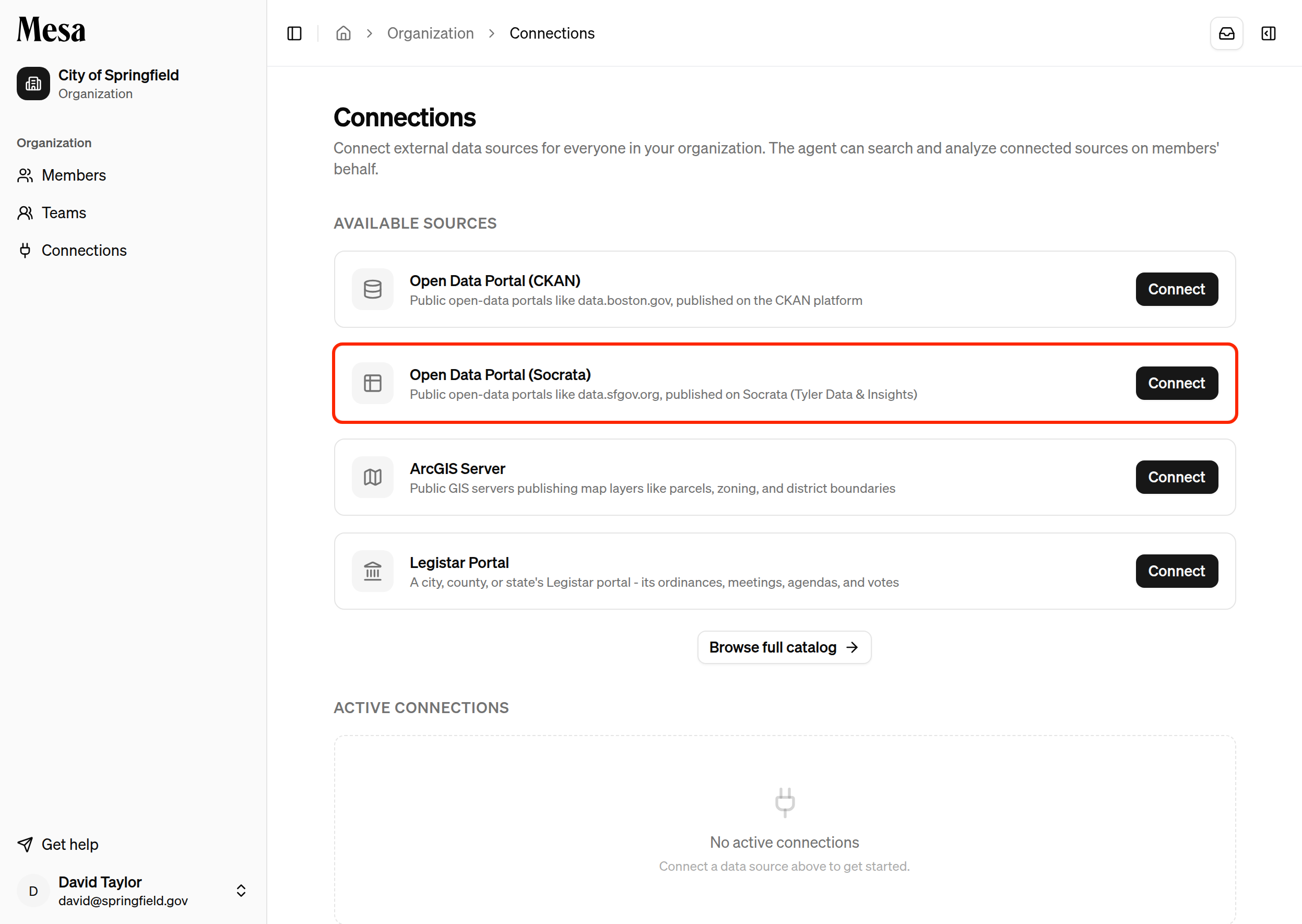 The organization Connections page with available sources