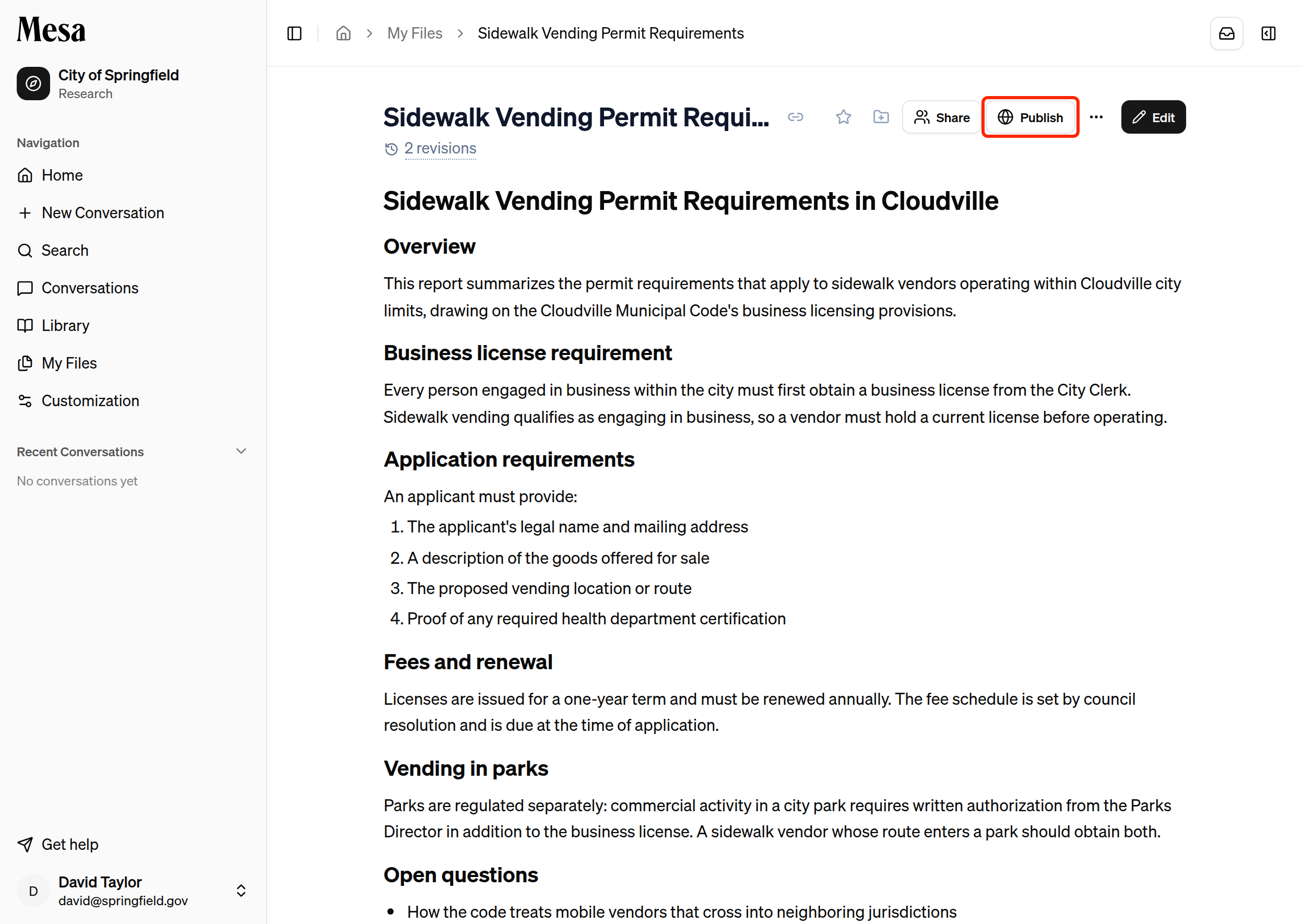 The Publish button on a report