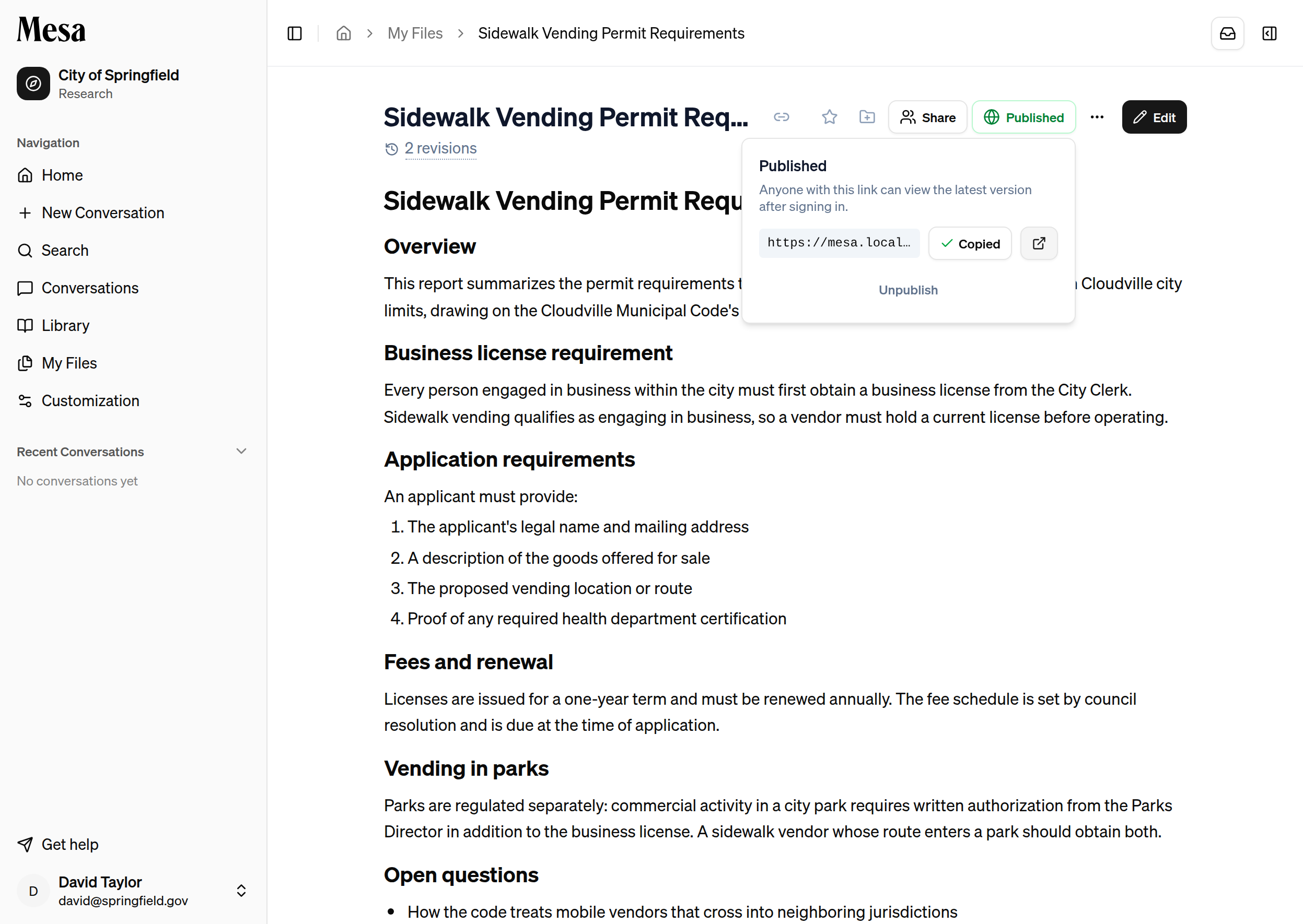 The publish popover showing the shareable link