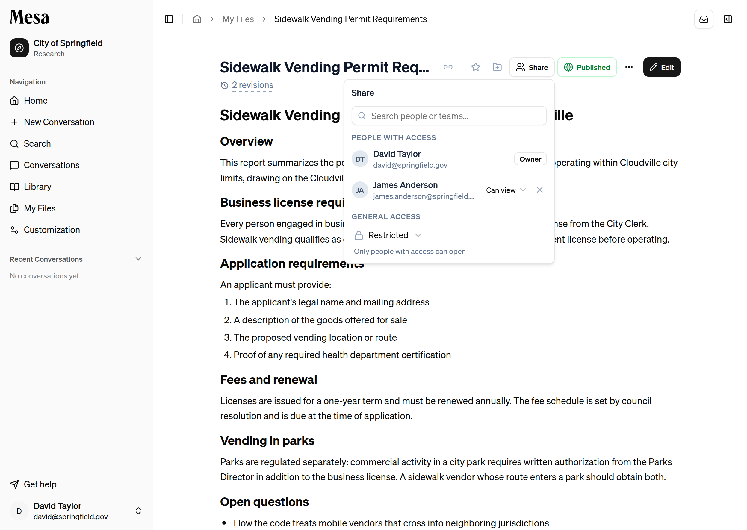 The share popover on a report