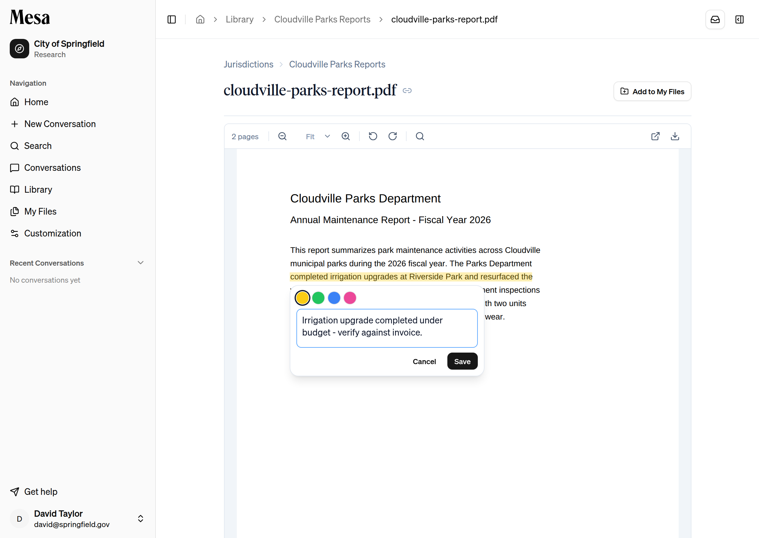 Selecting text in a PDF viewer to add a highlighted note