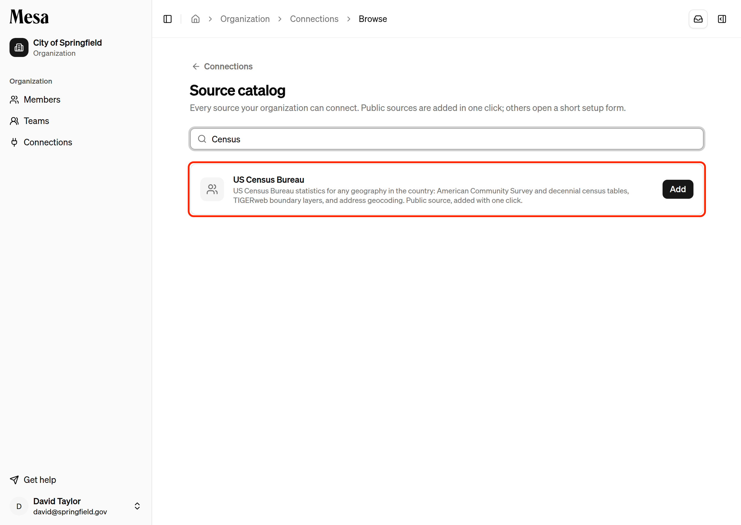 The source catalog, filtered to show the US Census Bureau's one-click Add button