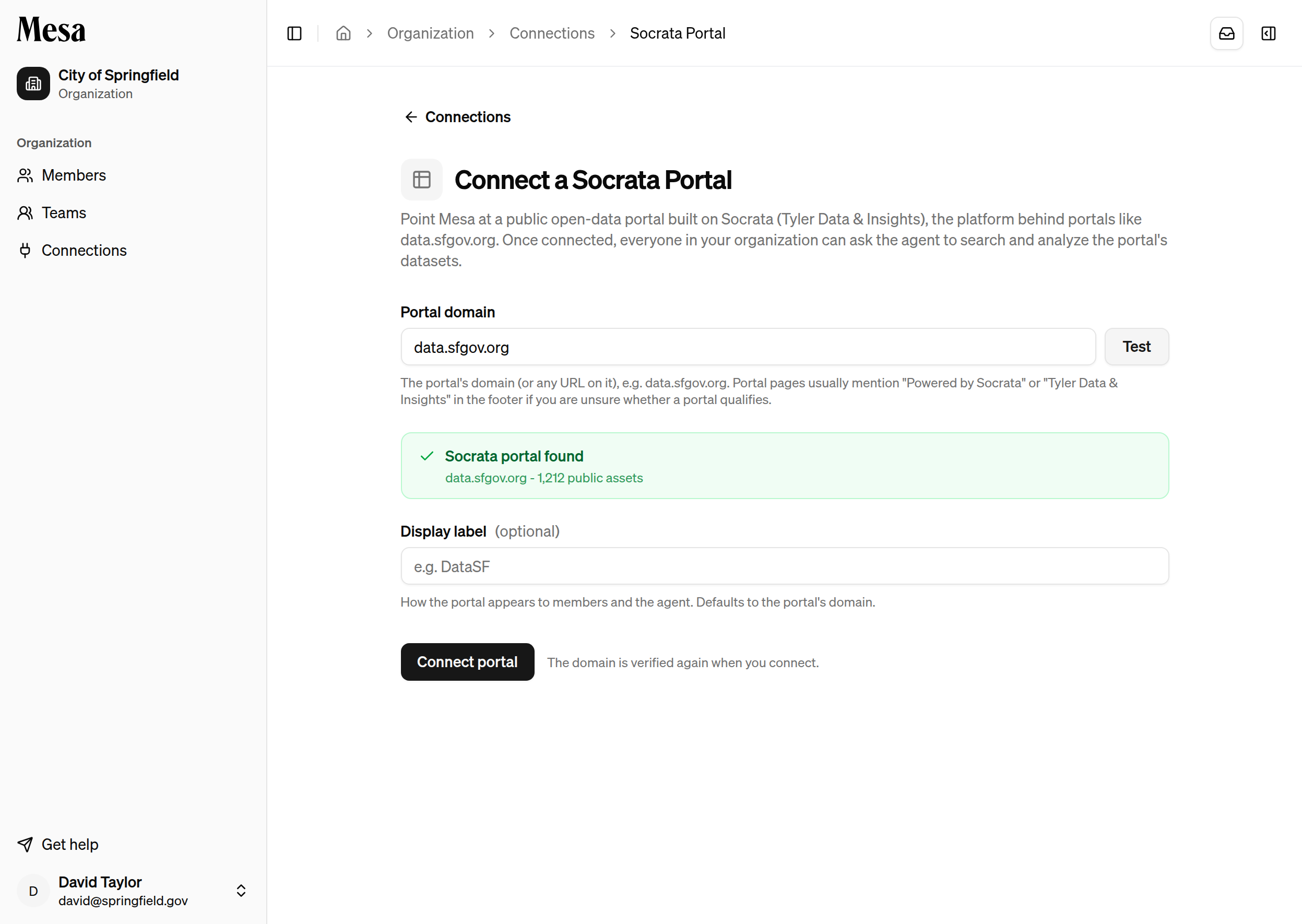 Connecting a Socrata open-data portal, with a successful test showing the portal's public asset count