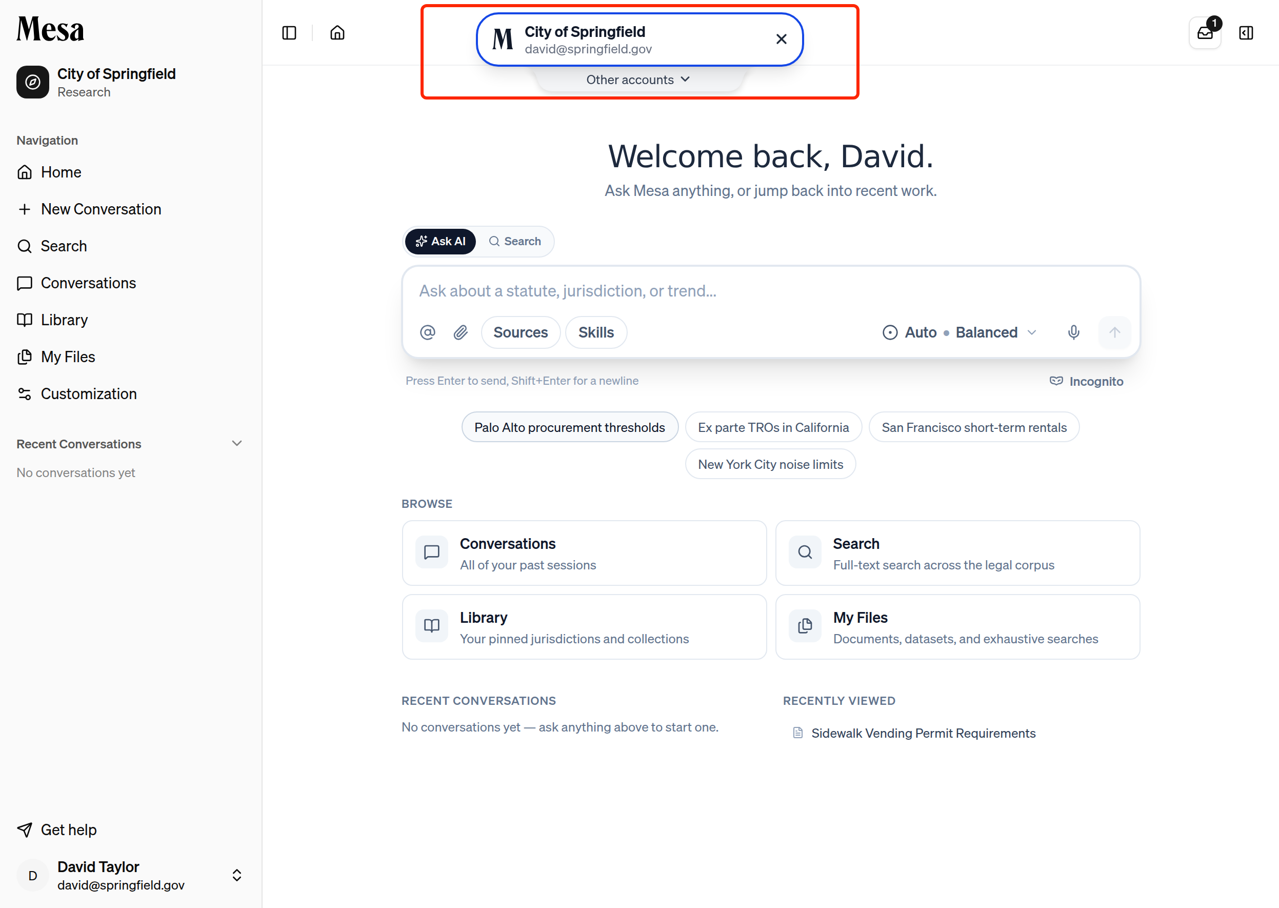 The account banner at the top of the page showing the current organization, with Other accounts below it