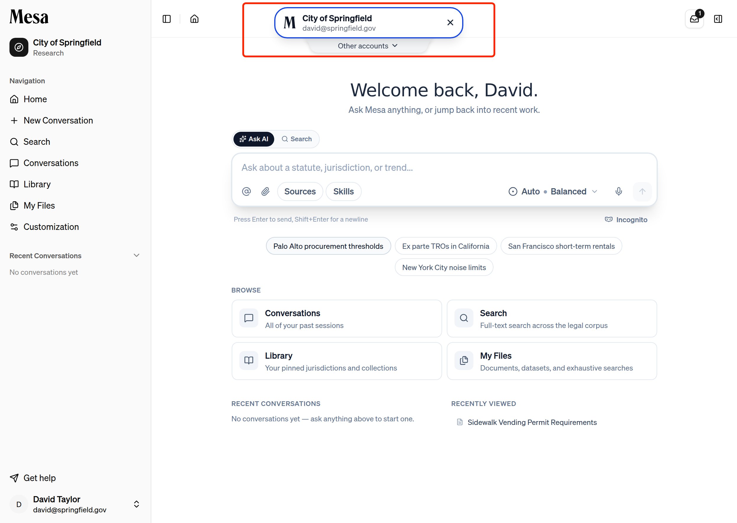 The account banner at the top of the page showing the current organization, with Other accounts below it
