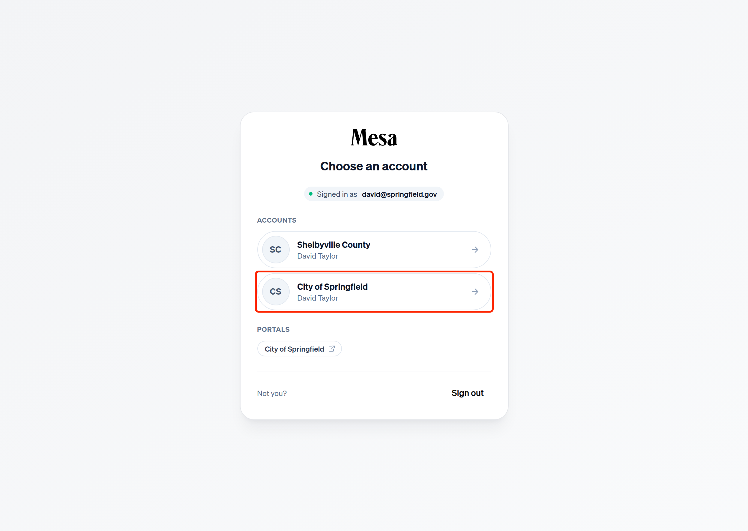The Choose an account screen listing two organizations and a portal, with one organization highlighted