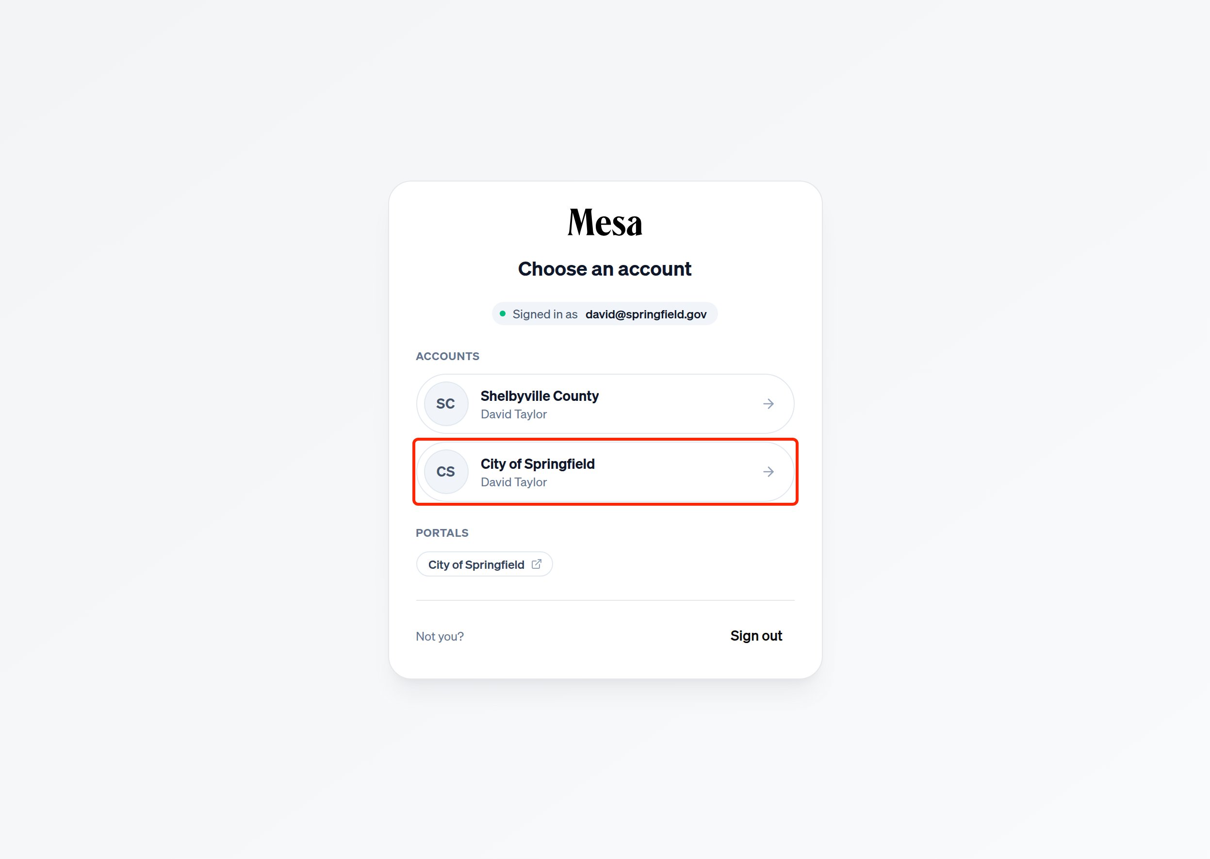 The Choose an account screen listing two organizations and a portal, with one organization highlighted