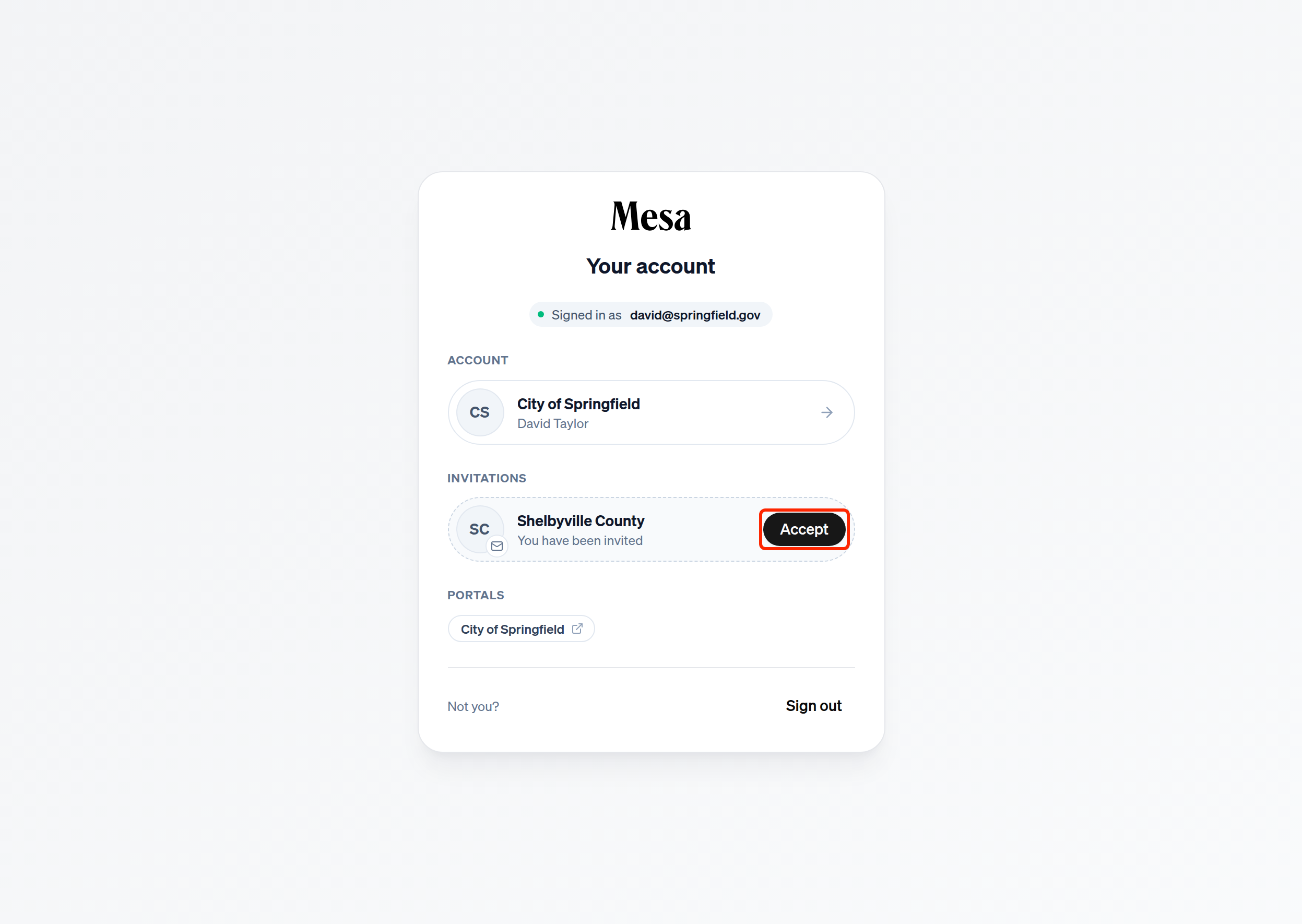 An invitation from another organization, with the Accept button highlighted