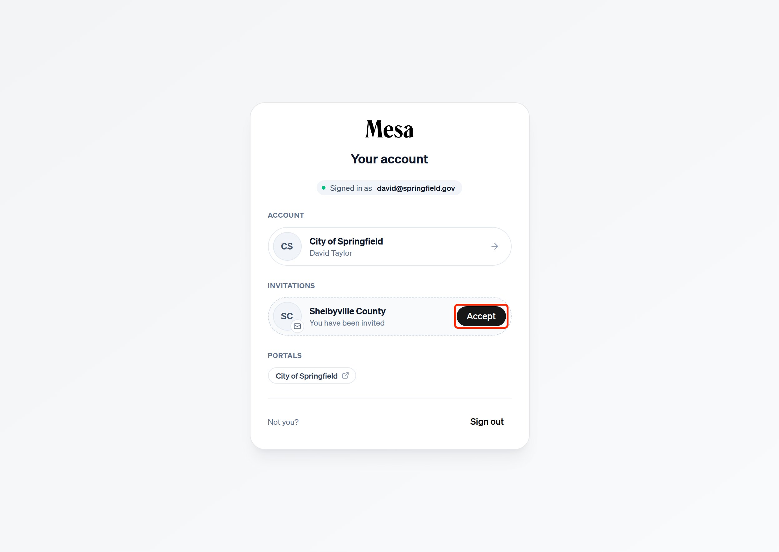 An invitation from another organization, with the Accept button highlighted