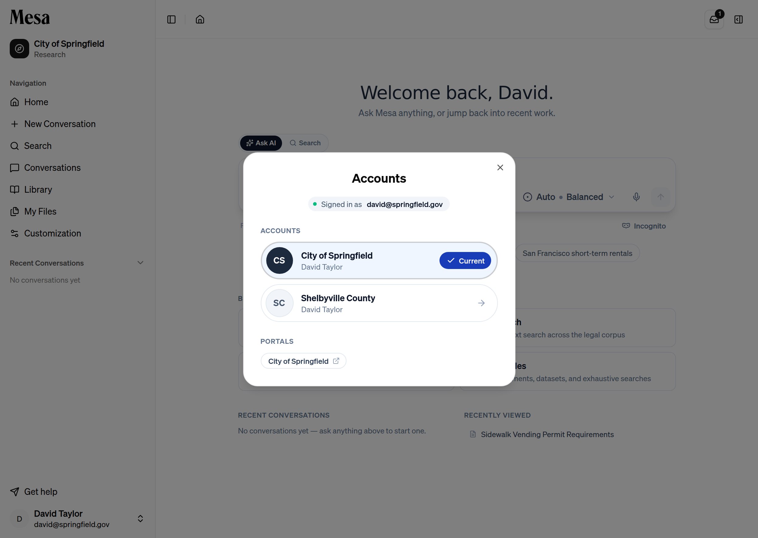 The Accounts dialog showing the current organization and another organization