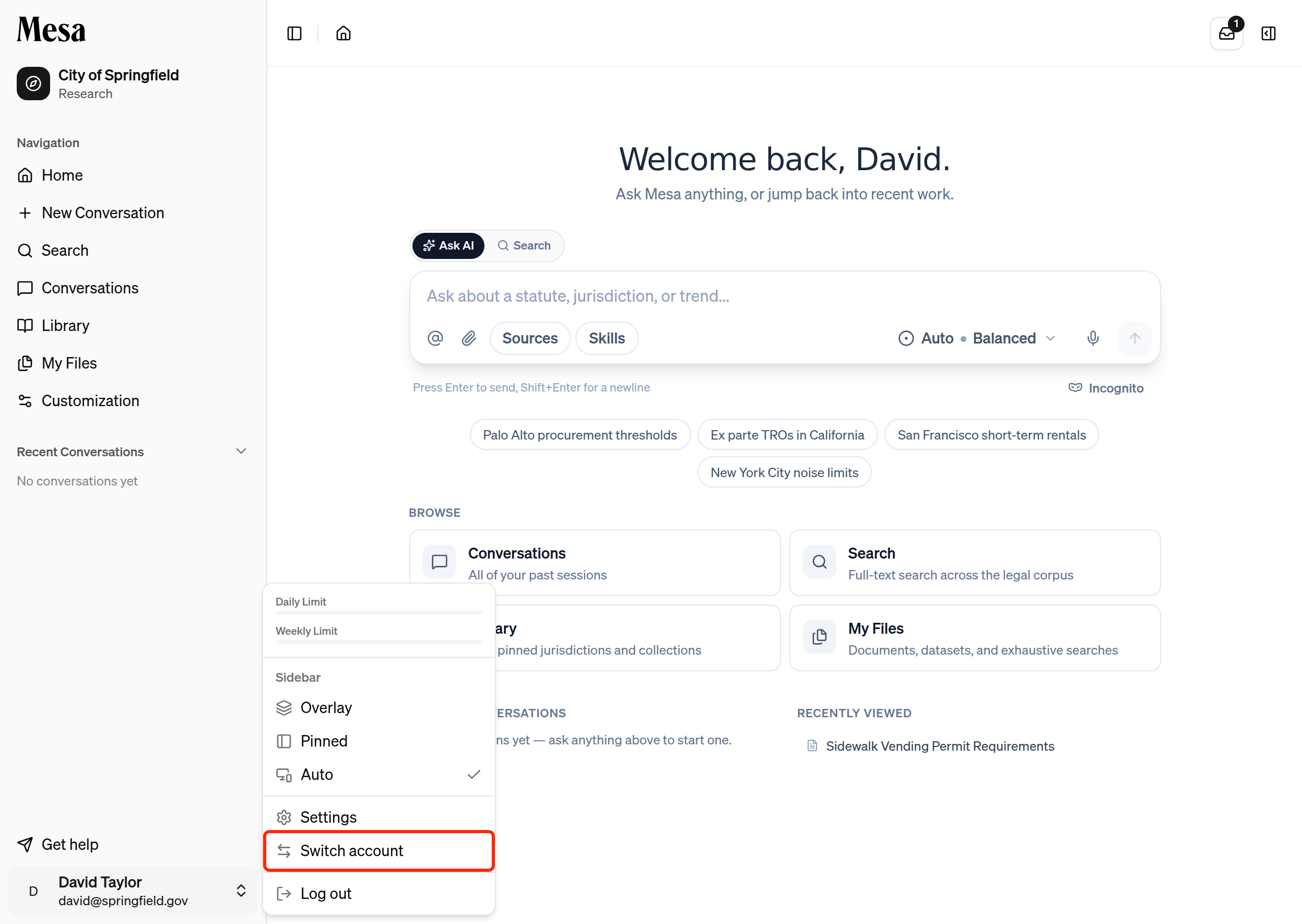 The account menu with Switch account highlighted
