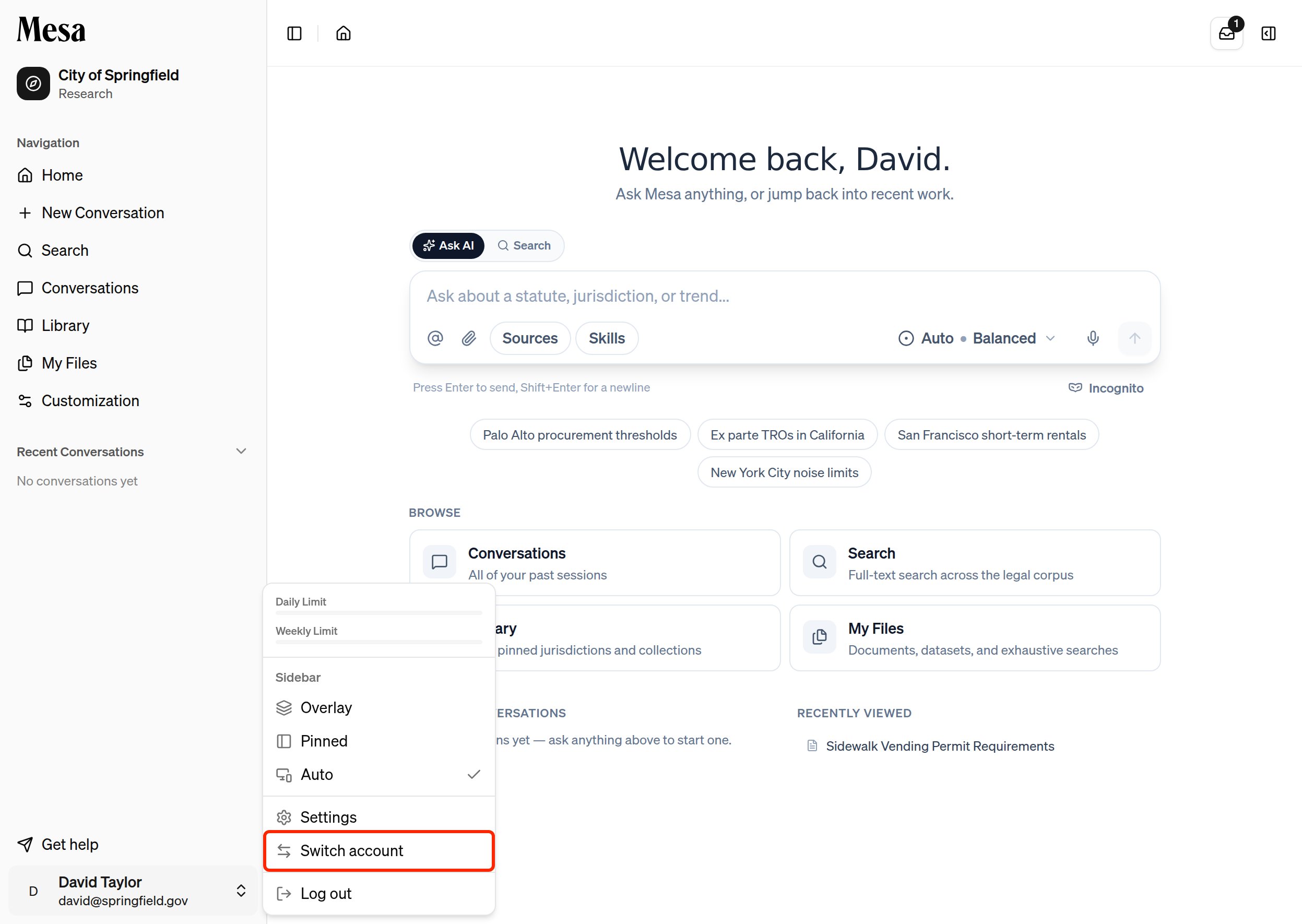 The account menu with Switch account highlighted